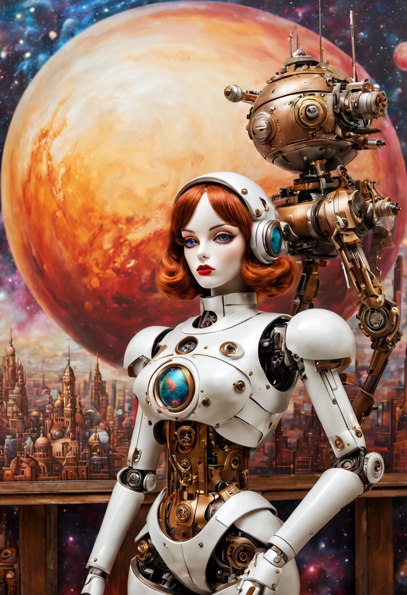 Mecha girl，A mechanical doll stands in front of a planet painting, Retro city background,perfect mechanical body, interconnected human life forms, Panorama of mechanical female doll,Victoria steampunk， endless dreams, stardust, galaxy,