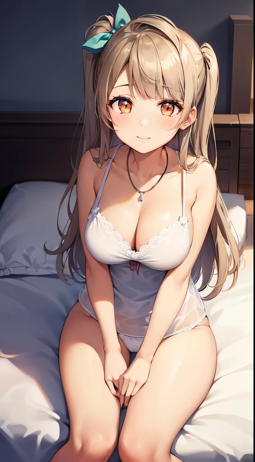 Minami Kotori, One side up, Hair Ribbon, masterpiece, top quality, high resolution, unity 8k wall paper, illustration, detailed eyes, extra detailed face, Highly detailed CG, glossy lips, light makeup, standing, panties, necklace, (bedroom), camisole