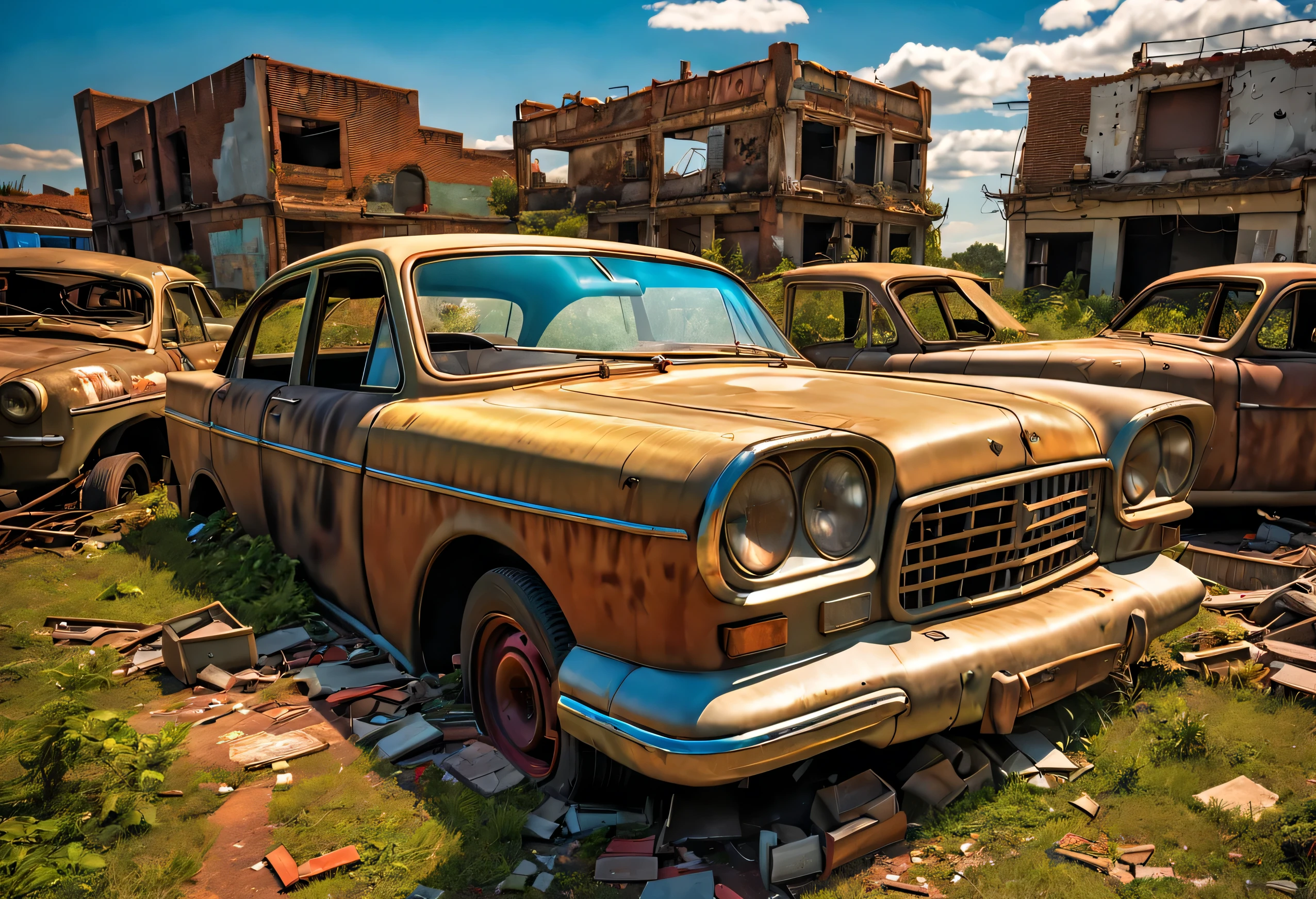 (Mejor calidad, HDR, ultra detallado, hiperrealista:1.37),  A boy is sitting in the abandoned car all rusty., post apocalyptic, ciudad abandonada 3D, edificios destruidos escombros por todos lados, Cementerio de coches , maquinarias, Coches abandonados, vegetation next to buildings, abandoned vehicles scattered and piled up, atardecer ,espectacular puesta de sol. luces y sombras, 32k