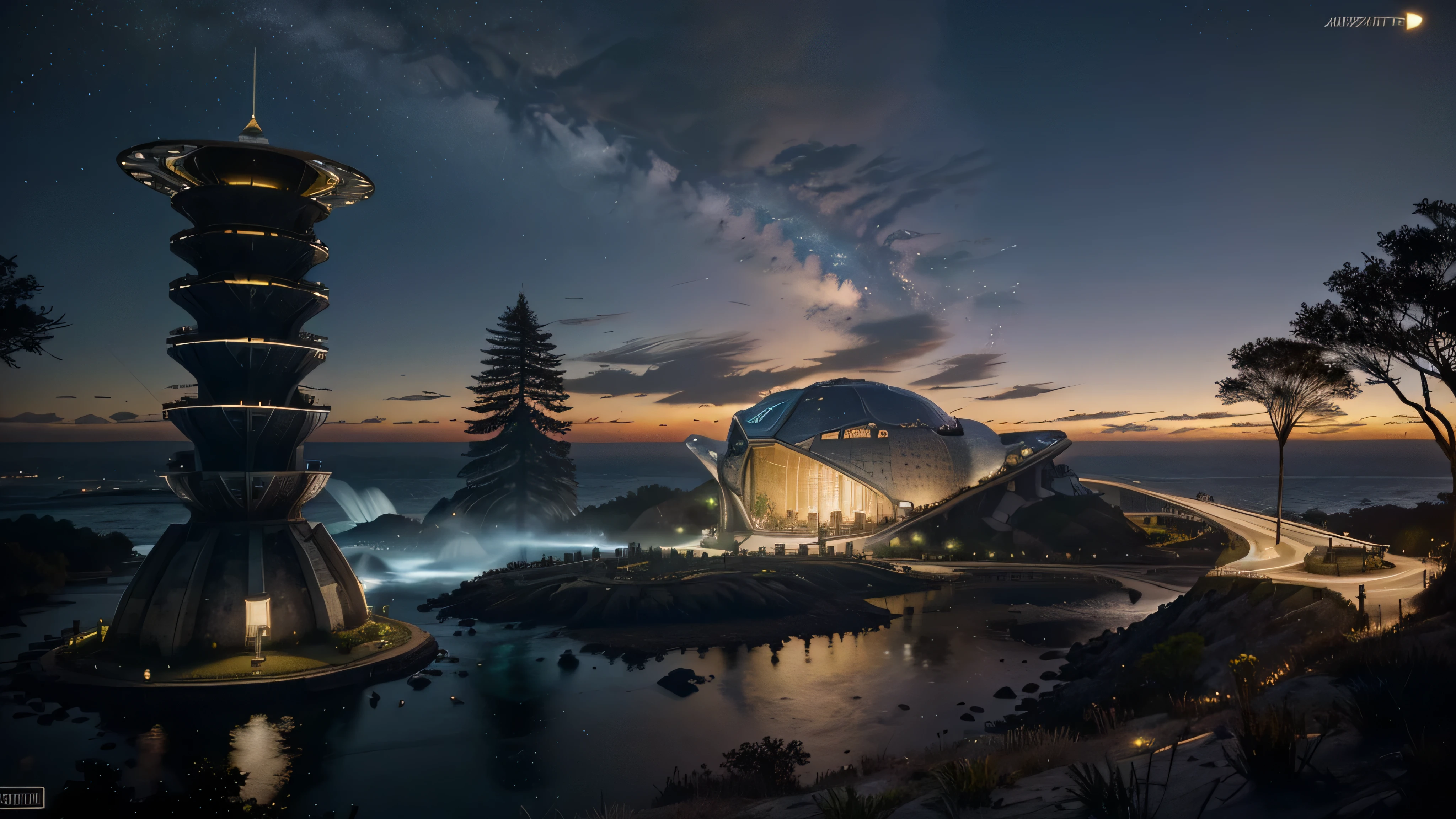 farol feito de pedra, steel dome, lago, ruins, Night sky, Trees, ponte, iluminado, ciberpunk 2077, jogo horizonte zero amanhecer, jogo sombra do colosso, Santiago Calatrava, population, jardins e ruinas, futurista