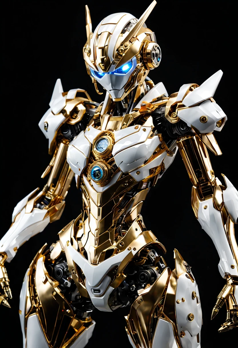 (full-body shot:1.5), (full view:1.5), Pure black background, There is a white and gold transparent girl mecha standing on the ground.，Get into fighting stance,Exquisite white transparent glass mechanical armor, Metal mechanical mask, Precision luminous electronic eye,（Exquisite mechanical high heels:1.3),(The internal structure is complex and precise:1.2), Exquisite and complex golden mecha texture, (gold mechanical wire:1.2), (Well-designed, high detail, masterpiece, best quality, ultra high definition, Sharpen details, ,Metallic feeling),New Jersey RS