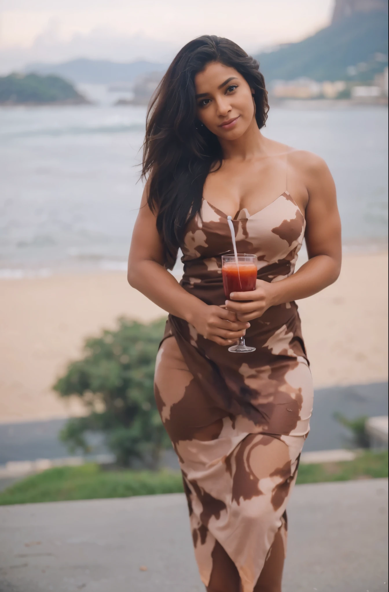 Uma Mulher, Extremamente realista, pele escura, negra, cabelos cacheados, holding a glass of juice, com canudo, fundo rio de Janeiro, bunda grande, pernas grossas, fitness, usando um vestido colado