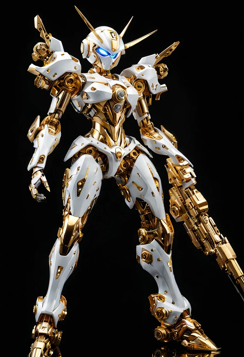 (full-body shot:1.5), (full view:1.5), Pure black background, There is a white and gold transparent girl mecha standing on the ground.,Get into fighting stance,Exquisite white transparent glass mechanical armor, Metal mechanical mask, Precision luminous electronic eye,(Exquisite mechanical high heels:1.3),(The internal structure is complex and precise:1.2), Exquisite and complex golden mecha texture, (gold mechanical wire:1.2), (Well-designed, high detail, masterpiece, best quality, ultra high definition, Sharpen details, ,Metallic feeling),New Jersey RS