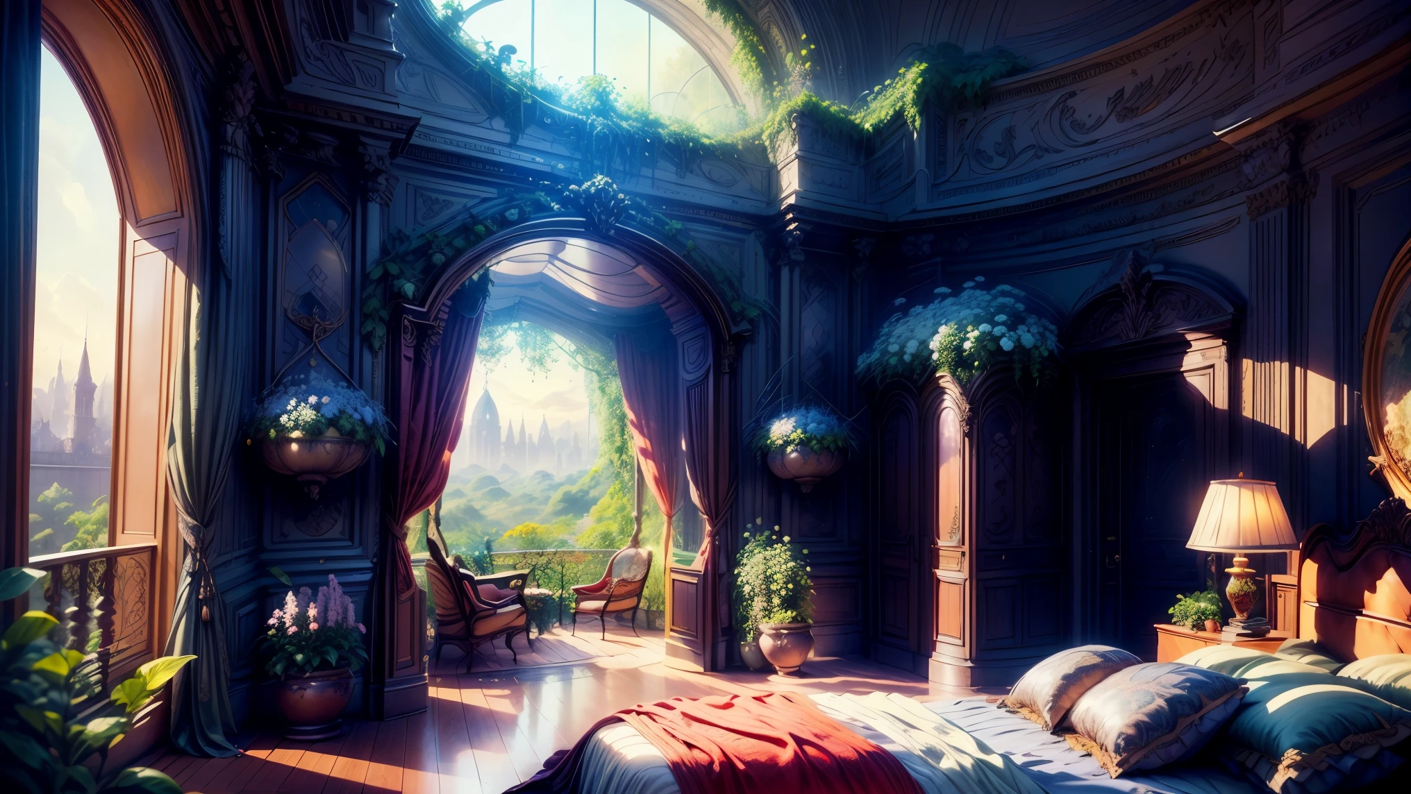 Solarpunk Dreamscape: The Royal Botanical Sanctuary | Generate an ornate botanical bedroom in the style of Versailles in a solarpunk world. There is a giant historical window in the bedroom. The giant French historical window is adorned with intricate carvings and dominates one wall. Through the massive window, a colorful and intricate solarpunk cityscape is visible. The cityscape is bustling and interesting, with many small details and high visual interest. The bedroom is peaceful, with many elegant flowers and flowered ivy among the rich silk fabric and hardwood floor. Take inspiration from rooftop gardens, royal french gardens, beautiful rose gardens, and whimsical fantasy. Include beautiful fantasy details and touches, including fantasy water, books, 3D touches, and delicate tendrils of ivy. Camera: Utilize innovative lighting techniques to emphasize the realism and beauty of the image. Delicate flower petals from floating flowers dance through the air. Utilize dynamic composition to create a compelling image.