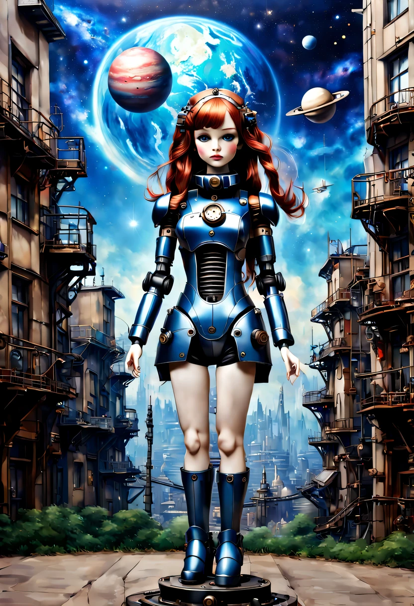 Mecha girl,A mechanical doll stands in front of a planet painting, Retro city background,perfect mechanical body, interconnected human life forms, Panorama of mechanical female doll,Victoria steampunk, endless dreams, stardust, galaxy,