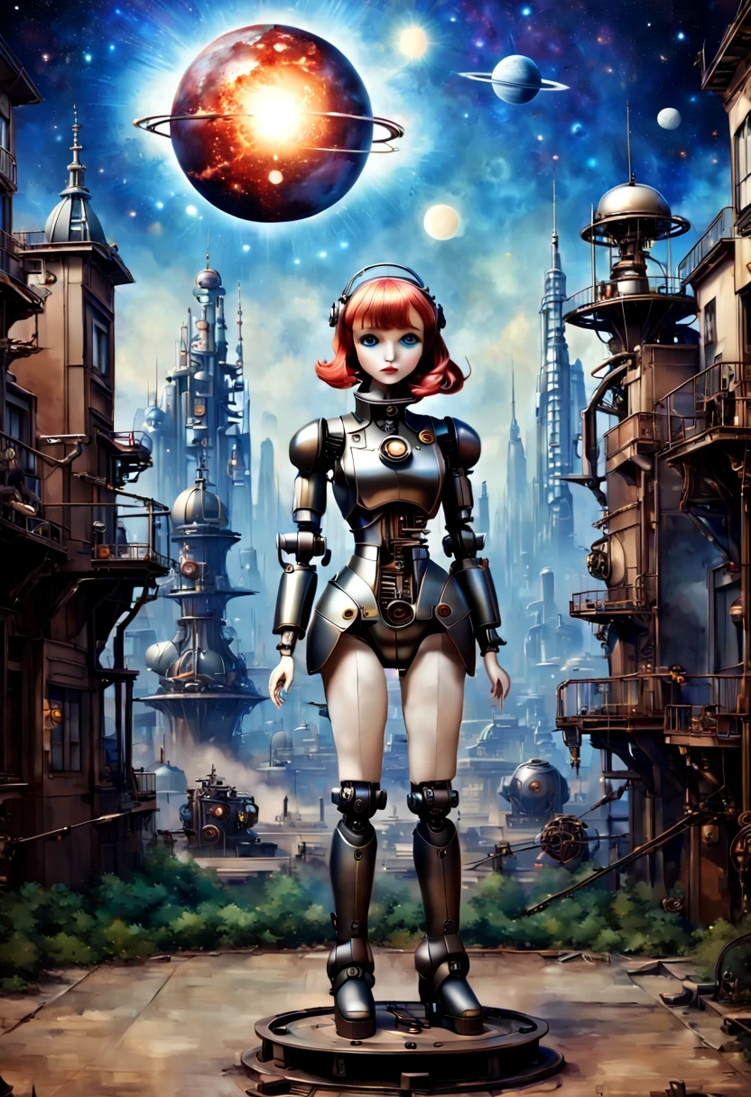 Mecha girl,A mechanical doll stands in front of a planet painting, Retro city background,perfect mechanical body, interconnected human life forms, Panorama of mechanical female doll,Victoria steampunk, endless dreams, stardust, galaxy,