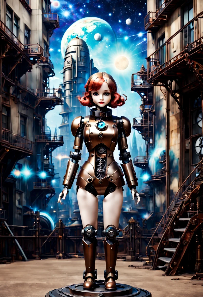 Mecha girl,A mechanical doll stands in front of a planet painting, Retro city background,perfect mechanical body, interconnected human life forms, Panorama of mechanical female doll,Victoria steampunk, endless dreams, stardust, galaxy,