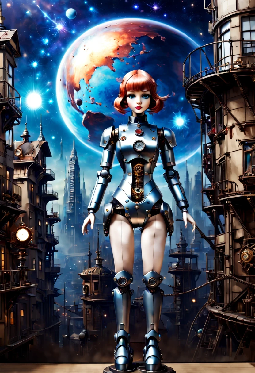 Mecha girl，A mechanical doll stands in front of a planet painting, Retro city background,perfect mechanical body, interconnected human life forms, Panorama of mechanical female doll,Victoria steampunk， endless dreams, stardust, galaxy,