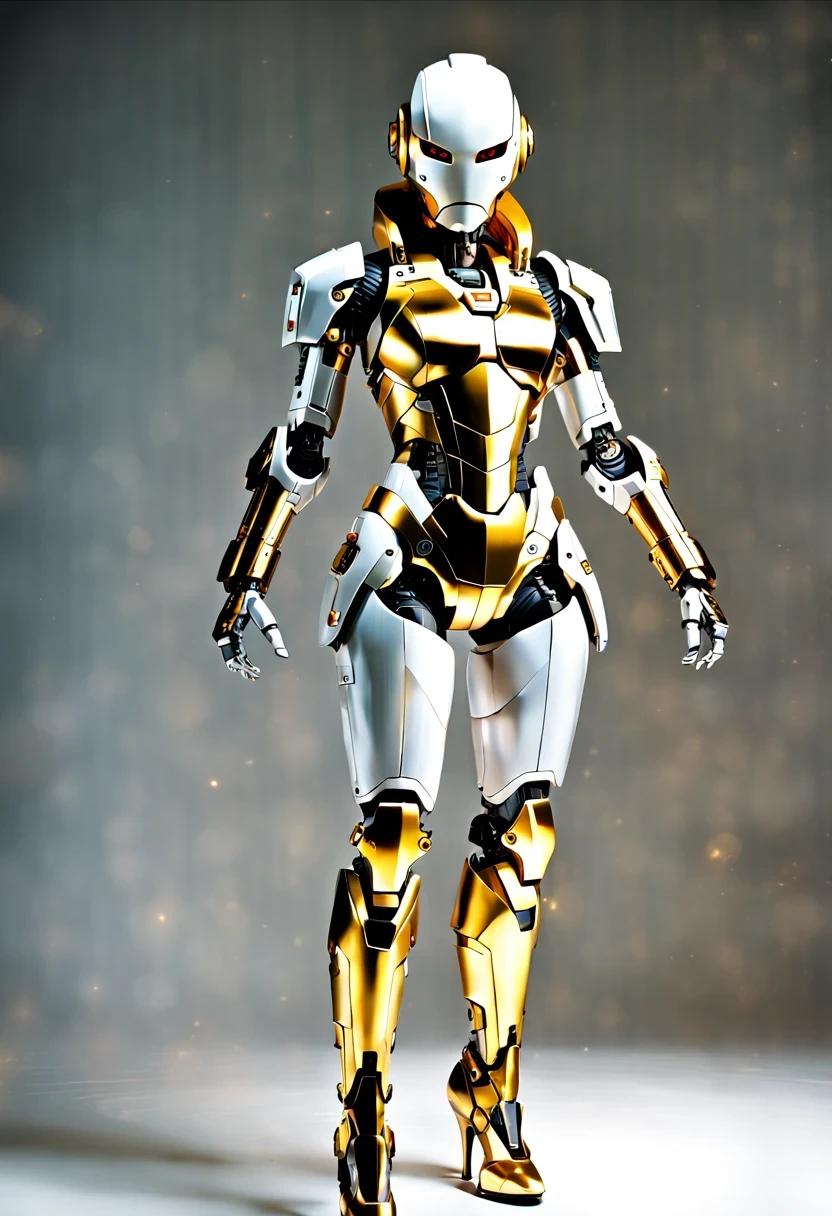 (full-body shot:1.5), (full view:1.5), Pure black background, There is a white and gold transparent girl mecha standing on the ground.，Get into fighting stance,Exquisite white transparent glass mechanical armor, Metal mechanical mask, Precision luminous electronic eye,（Exquisite mechanical high heels:1.3),(The internal structure is complex and precise:1.2), Exquisite and complex golden mecha texture, (gold mechanical wire:1.2), (Well-designed, high detail, masterpiece, best quality, ultra high definition, Sharpen details, ,Metallic feeling),New Jersey RS