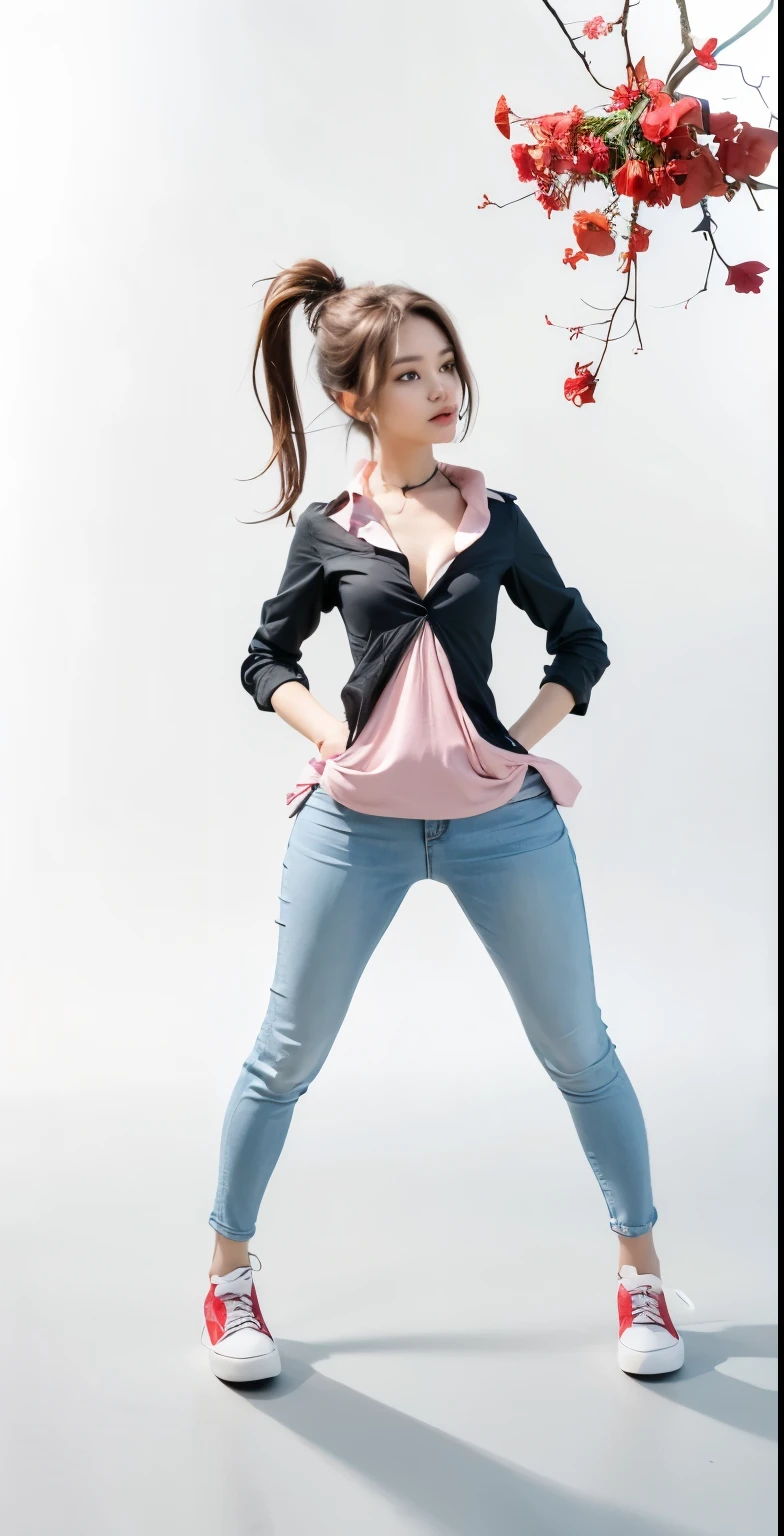 1girl,Clingy skinny blue jeans,Red convers shoes, black jumpsuit, white shirt, pink tight-fitting shirt, collar at the neck, radiant brown hair, beautiful, charming, , young, phone size showing in pants pocket, medium beautiful chest, increasing intricate details, maintaining resemblance to Original image, realistic, increase more aesthetic details, prominent chest, bigger chest, 
