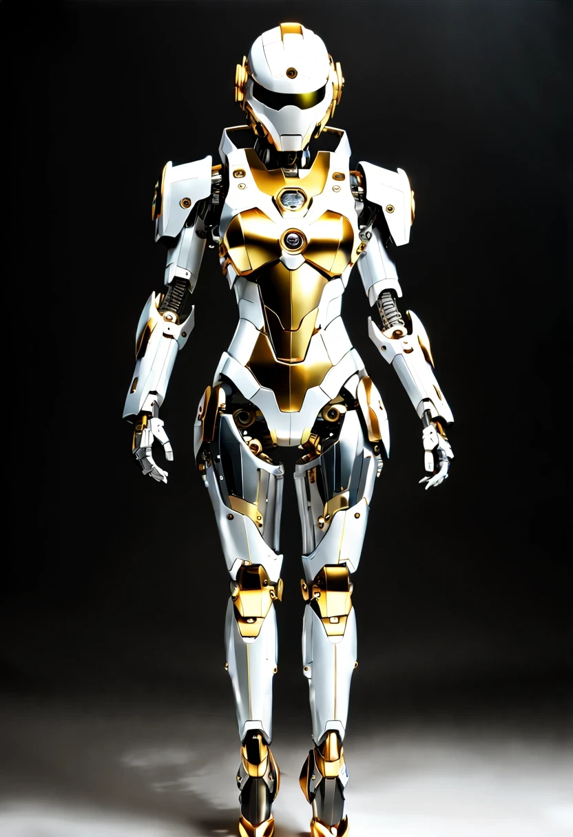 (full-body shot:1.5), (full view:1.5), Pure black background, There is a white and gold transparent girl mecha standing on the ground.，Get into fighting stance,Exquisite white transparent glass mechanical armor, Metal mechanical mask, Precision luminous electronic eye,（Exquisite mechanical high heels:1.3),(The internal structure is complex and precise:1.2), Exquisite and complex golden mecha texture, (gold mechanical wire:1.2), (Well-designed, high detail, masterpiece, best quality, ultra high definition, Sharpen details, ,Metallic feeling),New Jersey RS