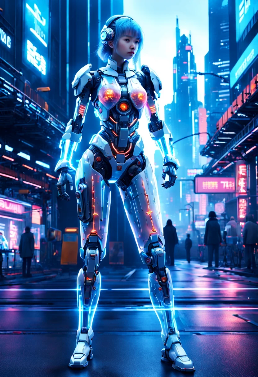 Mecha girl，Future machinery stands in front of the earth,whole body, In the context of the city of the future, The combination of biology and machinery, translucent mechanical girl, The internal structure is complex and precise, glowing neon lights,(high detail, masterpiece, best quality, ultra high definition, Sharpen details)