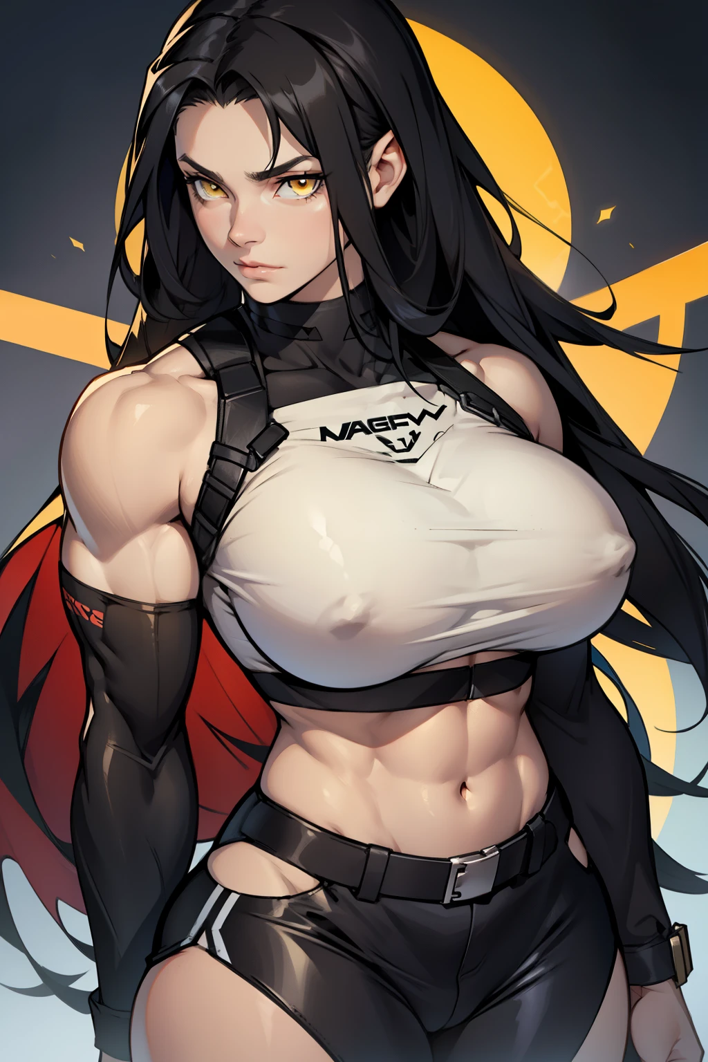 extremely long hair yellow eyes black hair pale skin muscles girl huge breasts midriff muscular thick