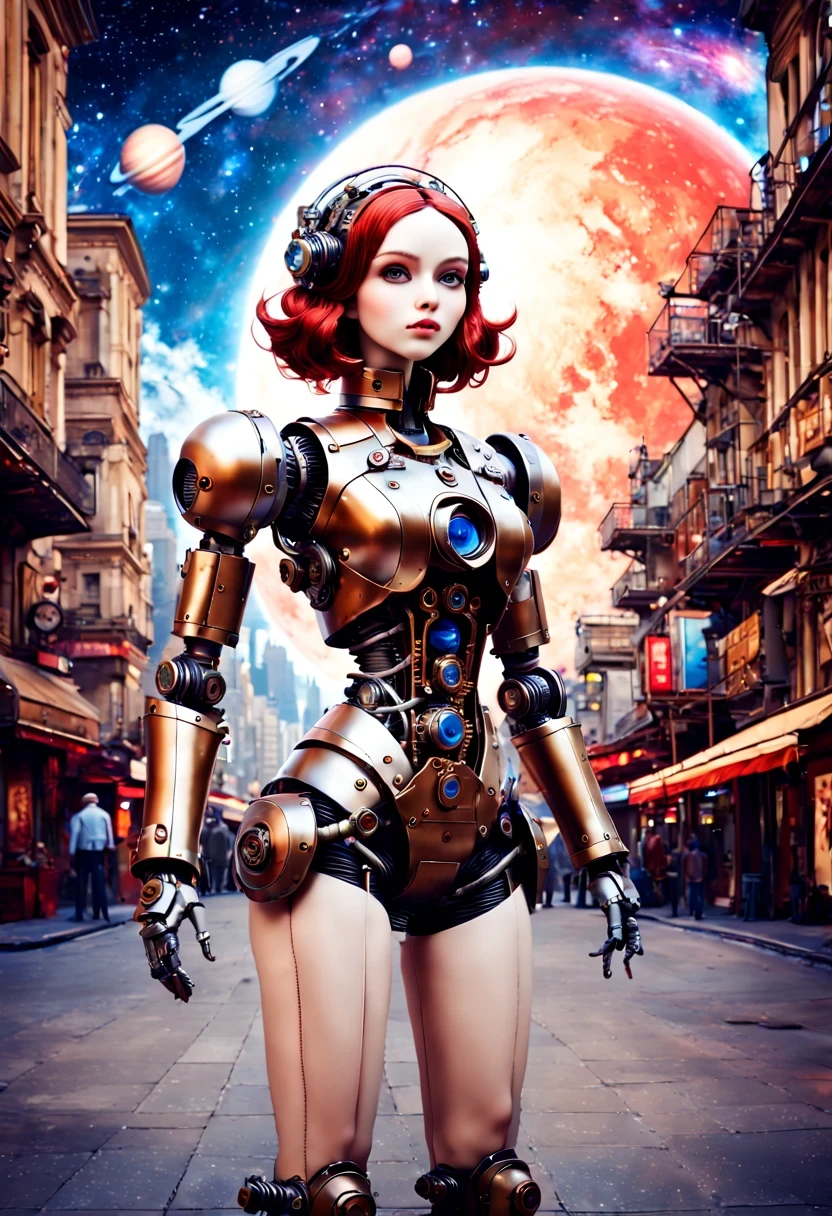 Mecha girl,A mechanical doll stands in front of a planet painting, Retro city background,perfect mechanical body, interconnected human life forms, Panorama of mechanical female doll,Victoria steampunk, endless dreams, stardust, galaxy,