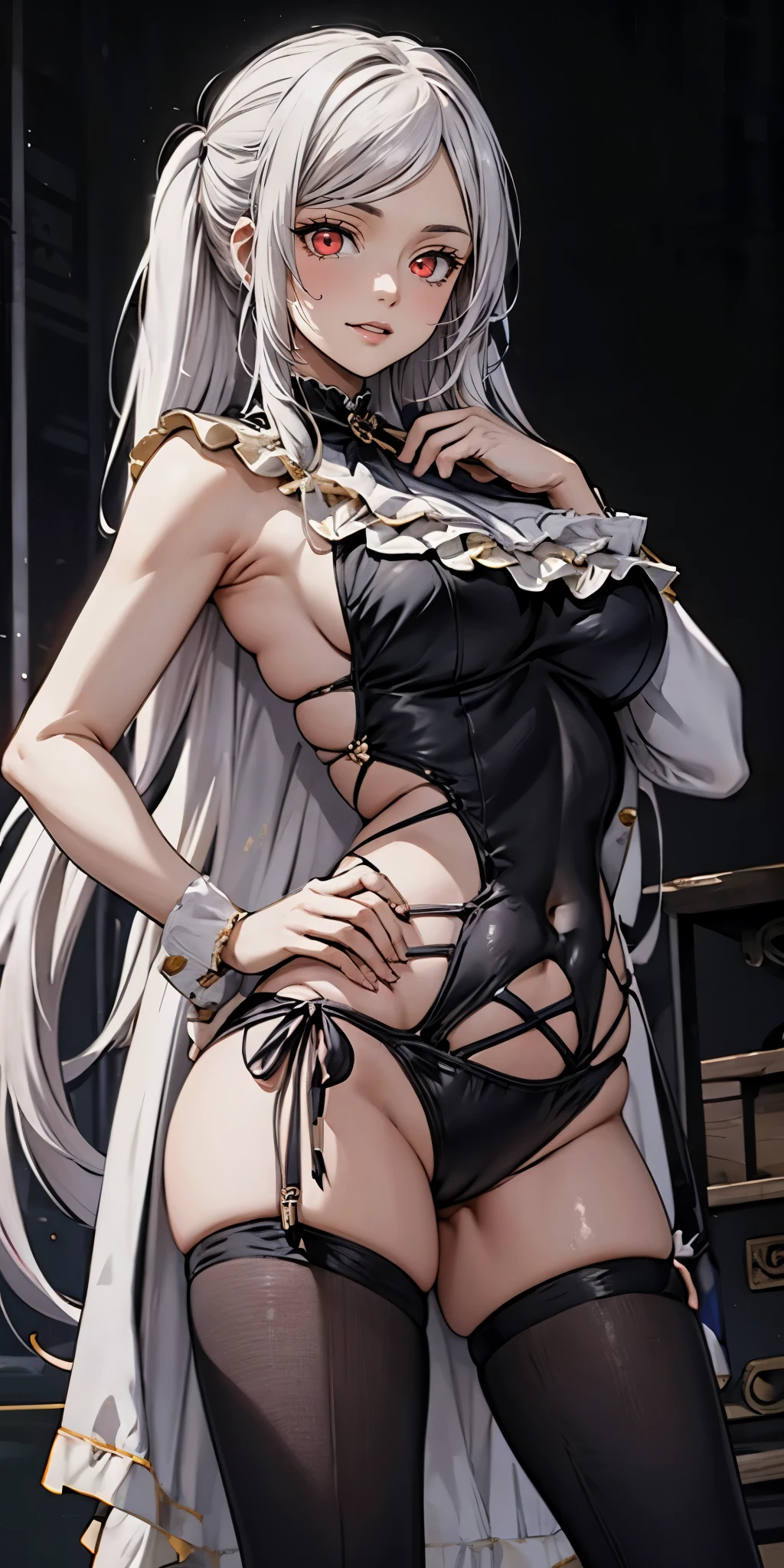 silver hair, twintail, bow, red eyes, best quality, masterpiece, highres, solo, (best quality:1.3), (masterpiece:1.3), (illustration:1.3), (ultra-detailed:1.3), 1girl, solo, large breasts, tall, mature, elegant, one hand on hip, one-shoulder one-piece swimsuit, black one-piece swimsuit,