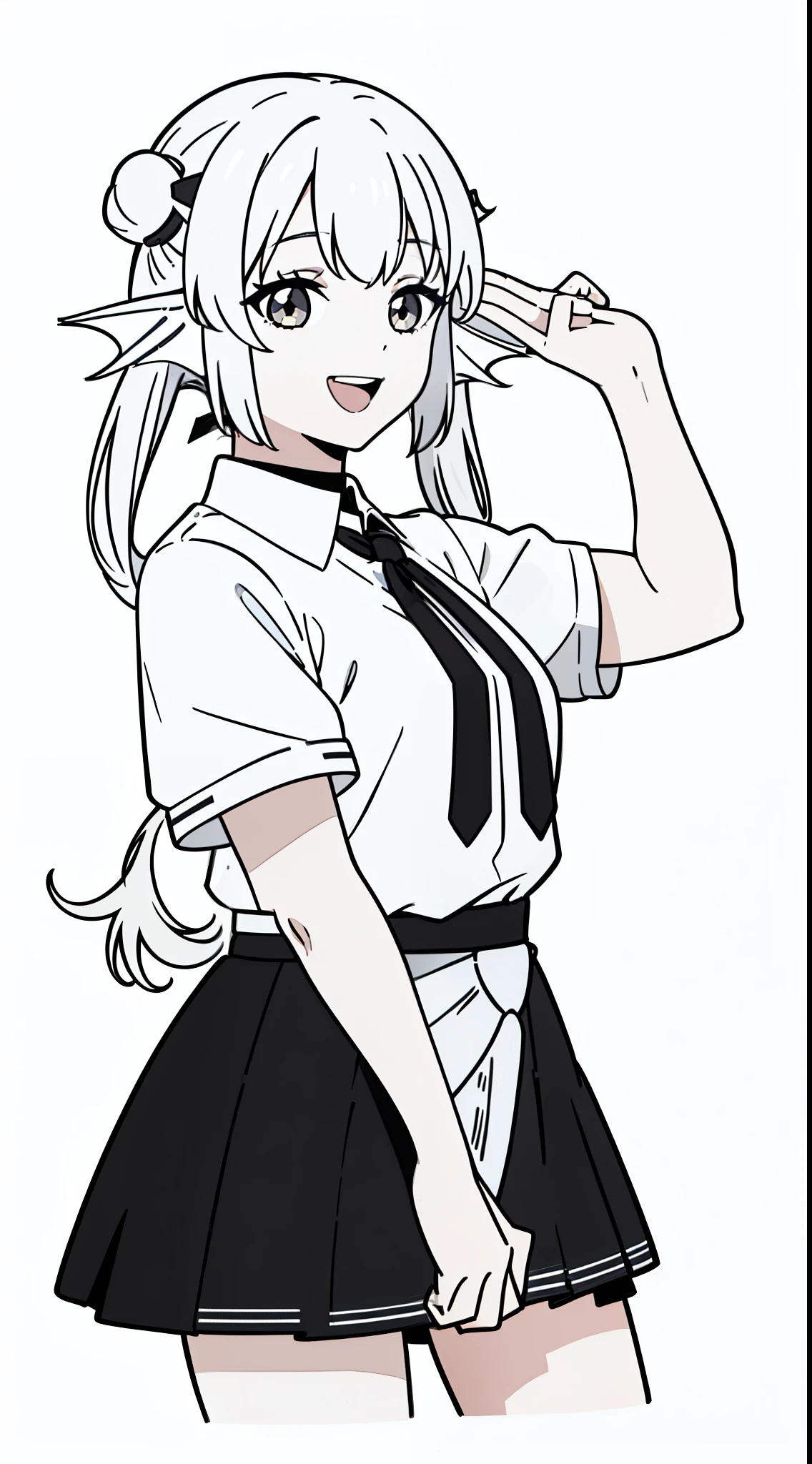 (1girl,20 years old),solo,(white background,line drawing,long hair, white hair,fish ears,smile,smile,upper body,twintails,open mouth,from front,((white shirt,black standart tie,short sleeves,black skirt))