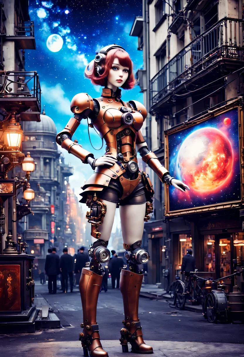 Mecha girl,A mechanical doll stands in front of a planet painting, Retro city background,perfect mechanical body, interconnected human life forms, Panorama of mechanical female doll,Victoria steampunk, endless dreams, stardust, galaxy,