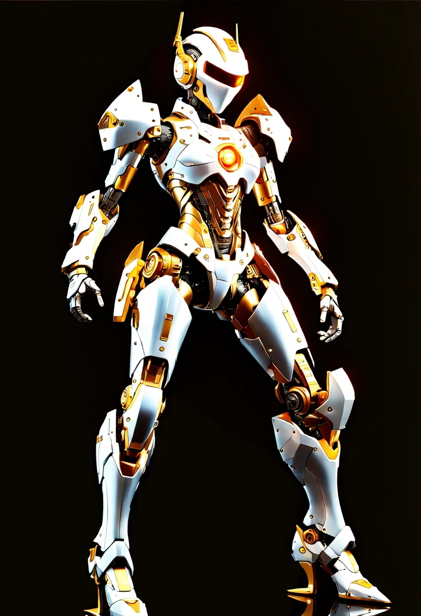 (full-body shot:1.5), (full view:1.5), Pure black background, There is a white and gold transparent girl mecha standing on the ground.，Get into fighting stance,Exquisite white transparent glass mechanical armor, Metal mechanical mask, Precision luminous electronic eye,（Exquisite mechanical high heels:1.3),(The internal structure is complex and precise:1.2), Exquisite and complex golden mecha texture, (gold mechanical wire:1.2), (Well-designed, high detail, masterpiece, best quality, ultra high definition, Sharpen details, ,Metallic feeling),New Jersey RS