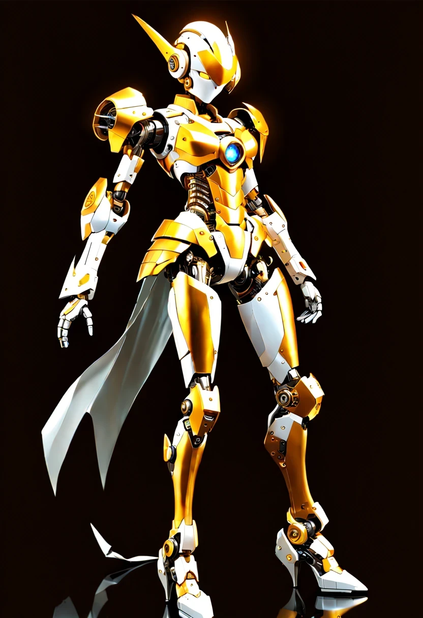 (full-body shot:1.5), (full view:1.5), Pure black background, There is a white and gold transparent girl mecha standing on the ground.，Get into fighting stance,Exquisite white transparent glass mechanical armor, Metal mechanical mask, Precision luminous electronic eye,（Exquisite mechanical high heels:1.3),(The internal structure is complex and precise:1.2), Exquisite and complex golden mecha texture, (gold mechanical wire:1.2), (Well-designed, high detail, masterpiece, best quality, ultra high definition, Sharpen details, ,Metallic feeling),New Jersey RS