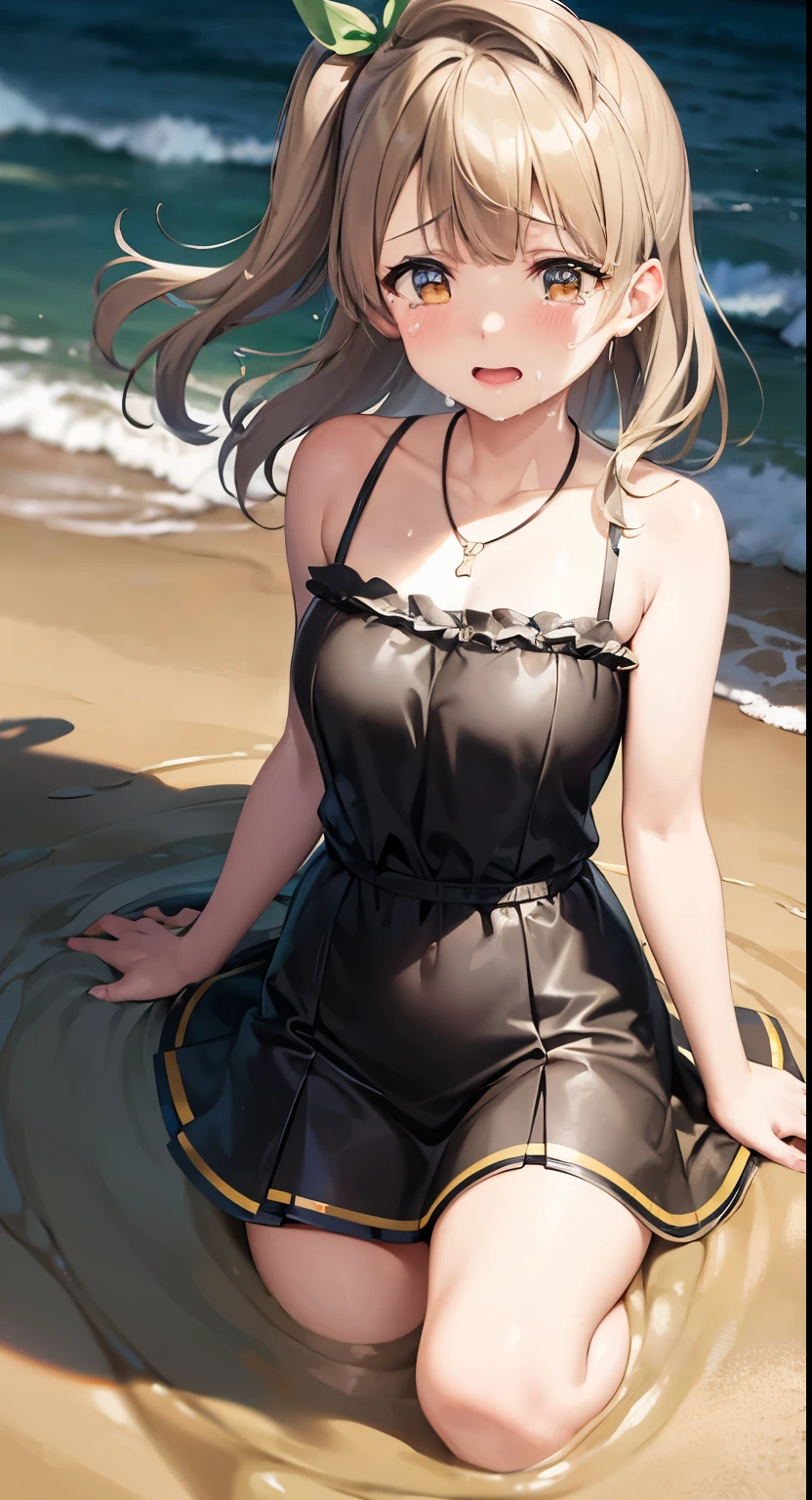 Minami Kotori, One side up, Hair Ribbon, masterpiece, top quality, high resolution, unity 8k wall paper, illustration, detailed eyes, extra detailed face, Highly detailed CG, glossy lips, fill lips, light makeup, scared, fear, (tears, crying), necklace, (quicksand:1.3), beach