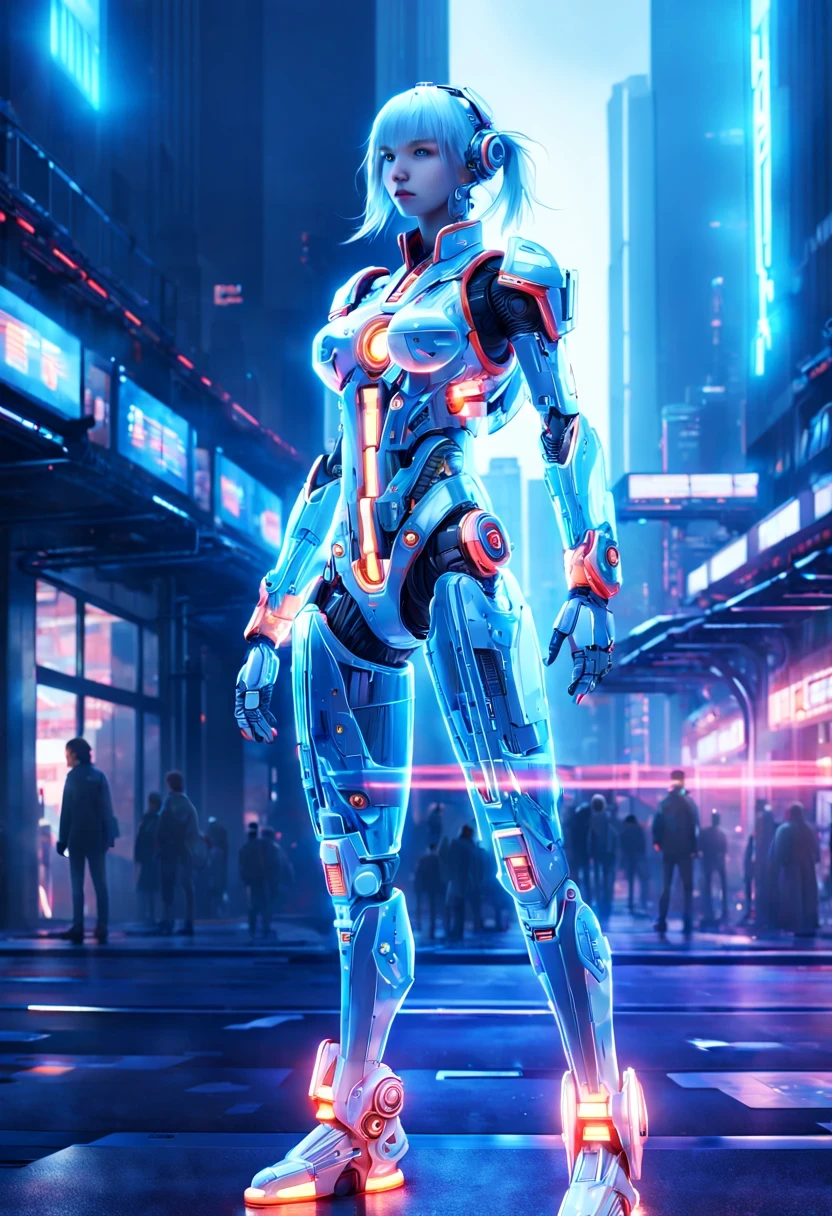 Mecha girl,Future machinery stands in front of the earth,whole body, In the context of the city of the future, The combination of biology and machinery, translucent mechanical girl, The internal structure is complex and precise, glowing neon lights,(high detail, masterpiece, best quality, ultra high definition, Sharpen details)
