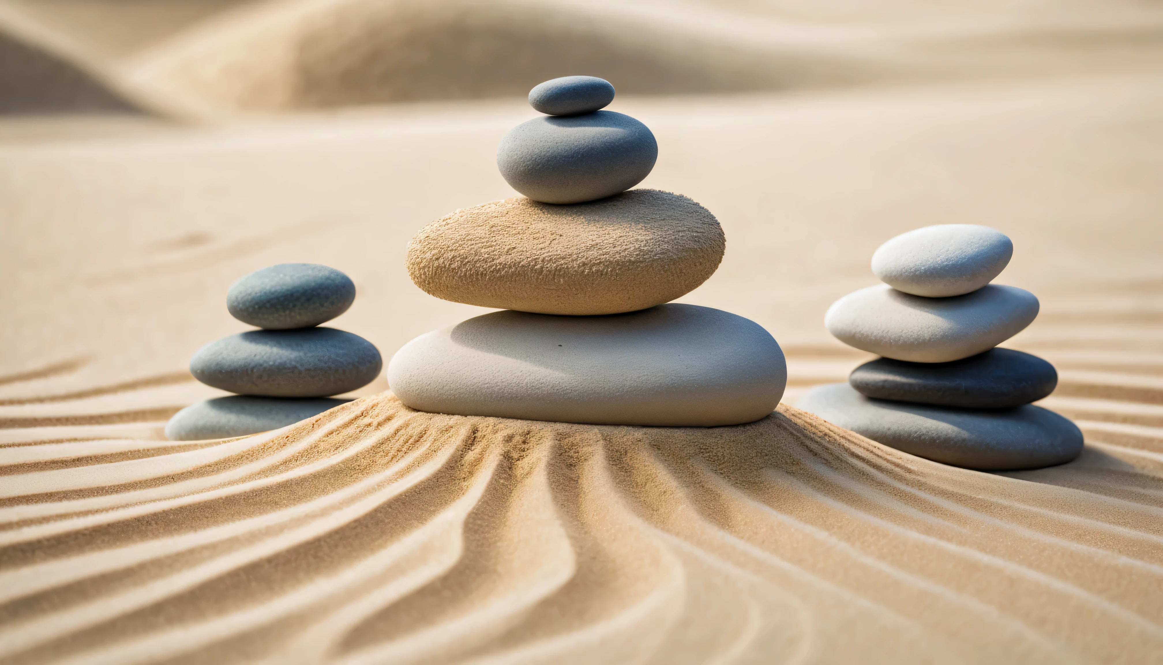 Close-up of three rocks piled on sand:1.4, Karesansui.different colored stones.明顯Karesansui沙痕.fine white sand.Fresh and bright, Best light and shadow contrast, , it is sand sculpture lawn, it is nature background, A powerful zen combination, it is aesthetics, it is, it is meditation, Soft it is Simplicity, very fine sand, , it is atmosphere, stone art, mixed art.(best quality,4k,8k,high resolution,masterpiece:1.2),super detailed,(actual,photoactual,photo-actual:1.37),anatomically correct...