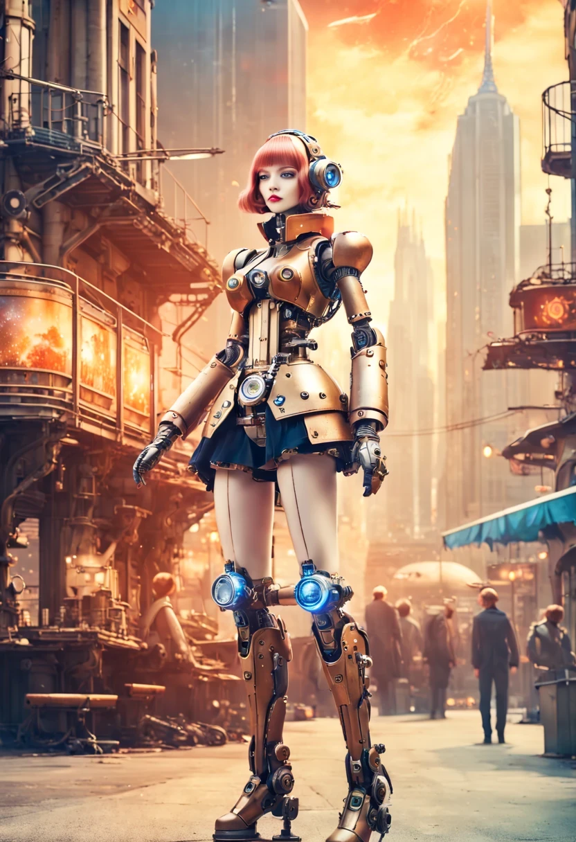 Mecha girl，A mechanical doll stands in front of a planet painting, Retro city background,perfect mechanical body, interconnected human life forms, Panorama of mechanical female doll,Victoria steampunk， endless dreams, stardust, galaxy,