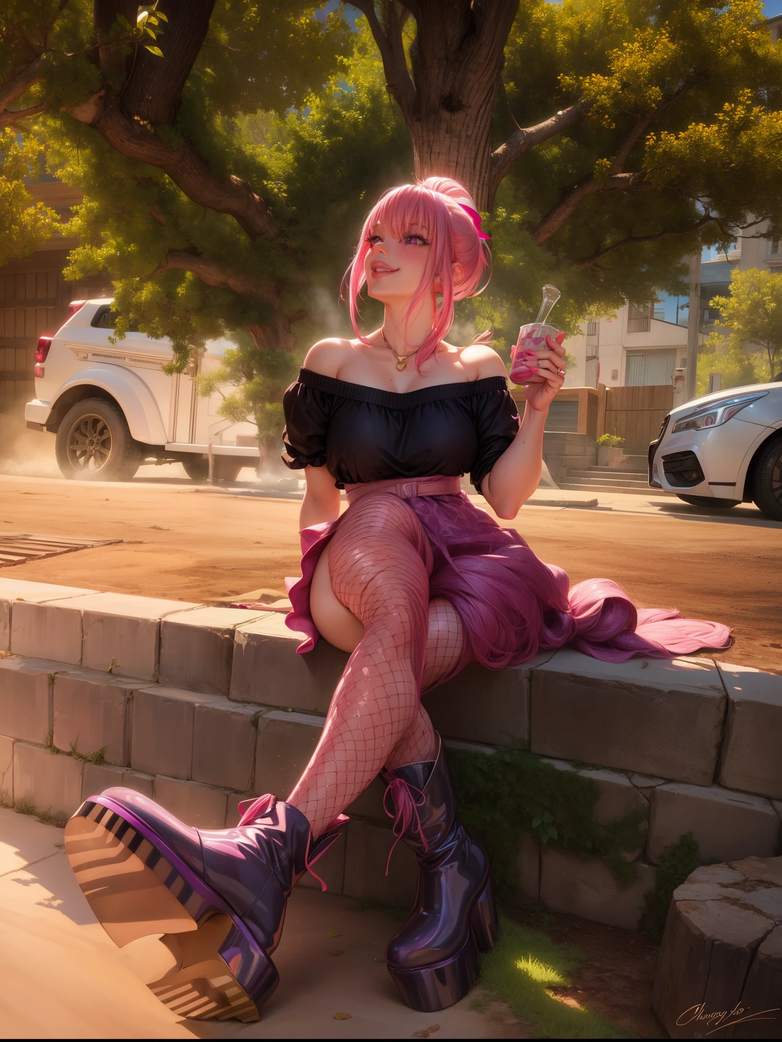 blush, smile,glowing aura, natural light, masterpiece,  glossy skin, juicy lips , ,sexy, hot, evil,juicy lips hour glass, , juicy lips, , slender body, small , huge ass, pink hair, ponytail ,looking up, smile, ultra detailed, short pink hair, purple eyes, art, paint, ((platform boots))