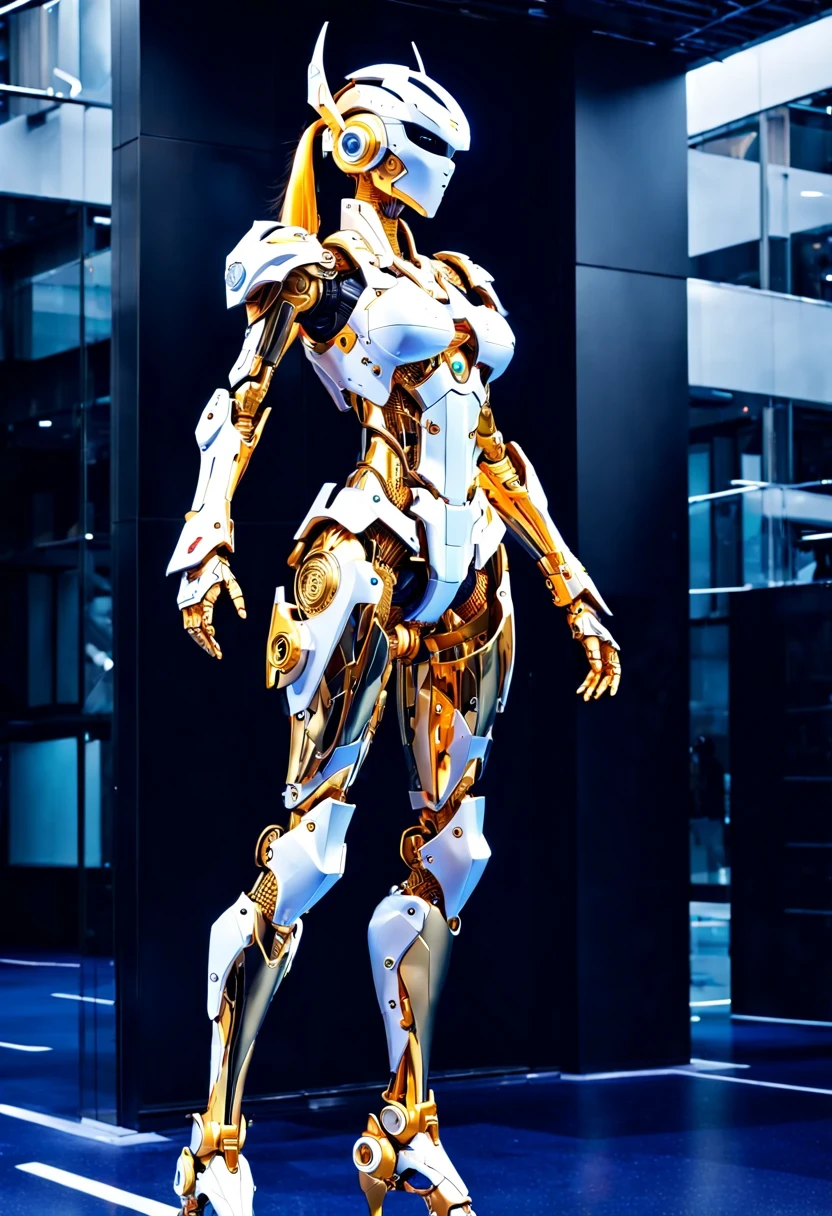 Mecha girl,(full-body shot:1.5), (full view:1.5), Pure black background, There is a white and gold transparent girl mecha standing on the ground.,Get into fighting stance,Exquisite white transparent glass mechanical armor, Metal mechanical mask, Precision luminous electronic eye,(Exquisite mechanical high heels:1.3),(The internal structure is complex and precise:1.2), Exquisite and complex golden mecha texture, (gold mechanical wire:1.2), (Well-designed, high detail, masterpiece, best quality, ultra high definition, Sharpen details, ,Metallic feeling),New Jersey RS
