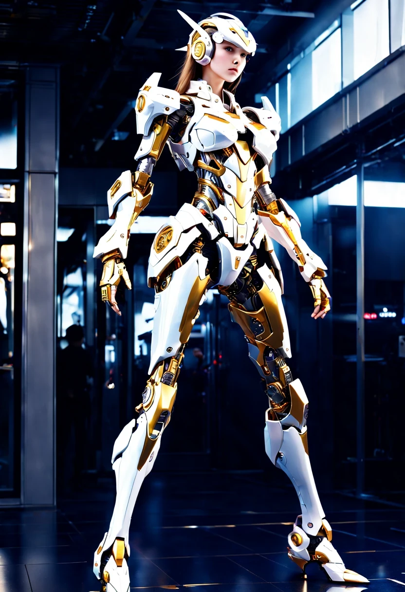 (full-body shot:1.5), (full view:1.5), Pure black background, There is a white and gold transparent girl mecha standing on the ground.，Get into fighting stance,Exquisite white transparent glass mechanical armor, Metal mechanical mask, Precision luminous electronic eye,（Exquisite mechanical high heels:1.3),(The internal structure is complex and precise:1.2), Exquisite and complex golden mecha texture, (gold mechanical wire:1.2), (Well-designed, high detail, masterpiece, best quality, ultra high definition, Sharpen details, ,Metallic feeling),New Jersey RS