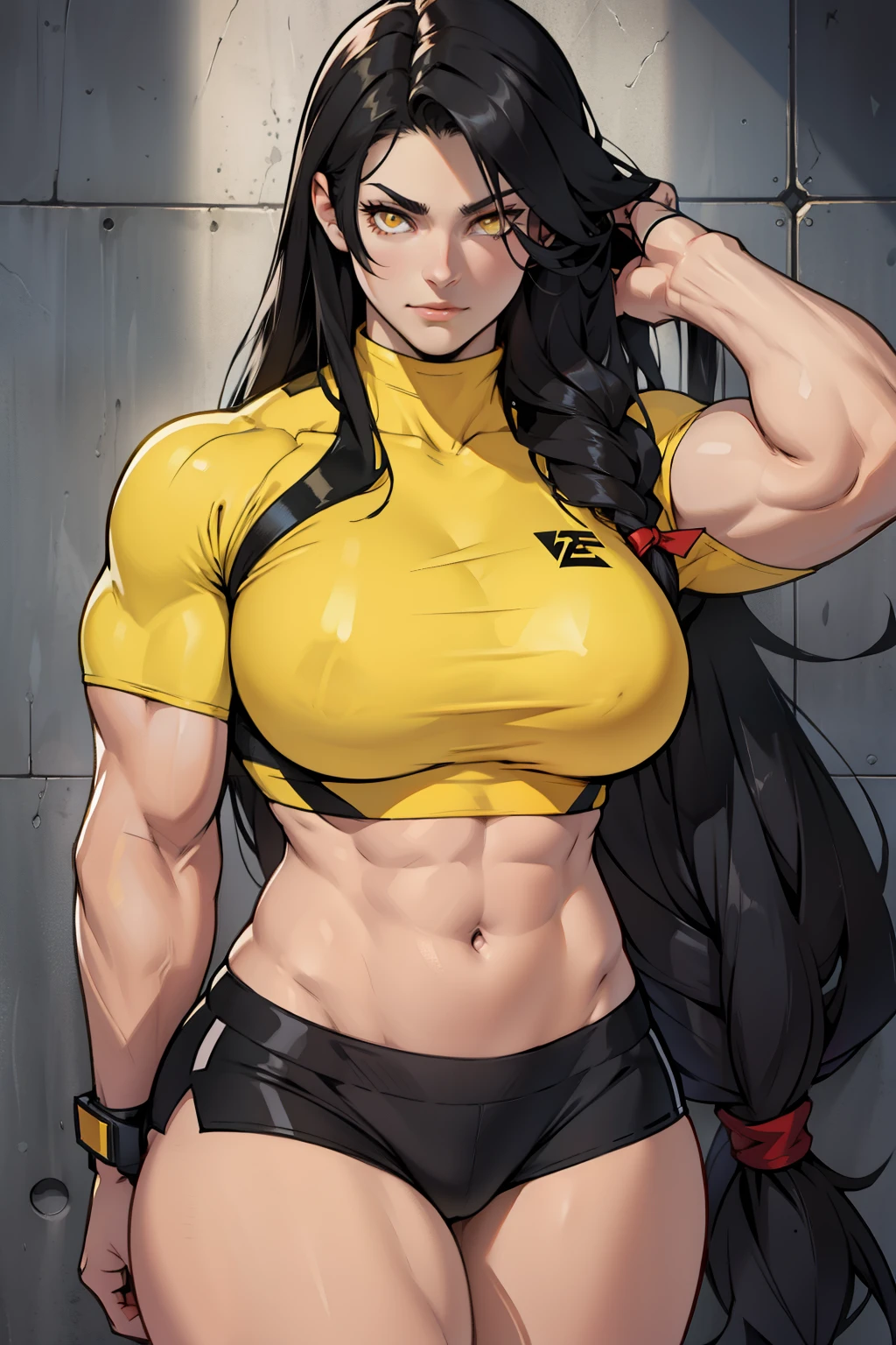 extremely long hair yellow eyes black hair pale skin muscles girl huge breasts midriff muscular thick