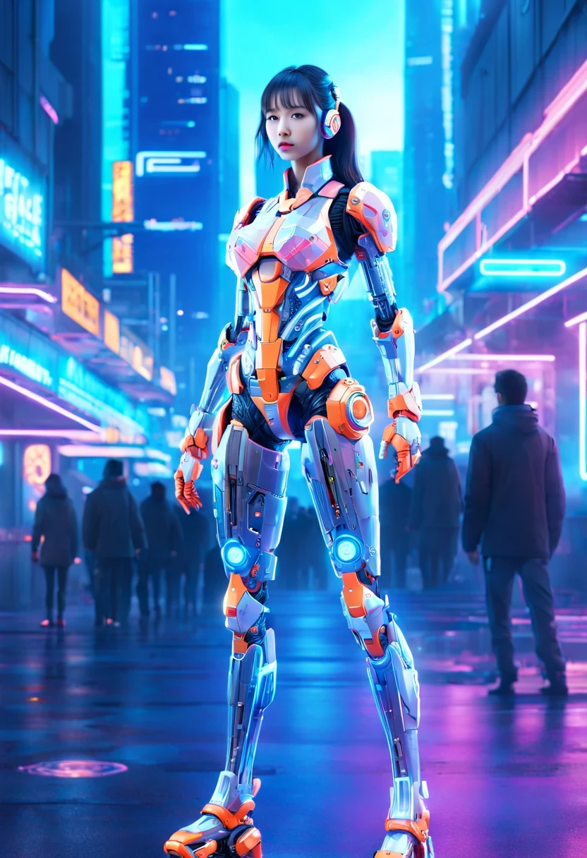 Mecha girl，Future machinery stands in front of the earth,whole body, In the context of the city of the future, The combination of biology and machinery, Transparent mechanical girl, The internal structure is complex and precise, glowing neon lights,(high detail, masterpiece, best quality, ultra high definition, Sharpen details)