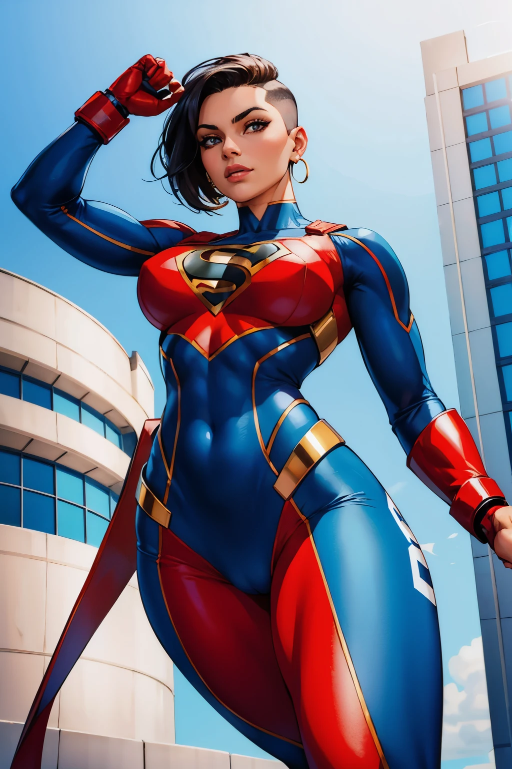 Woman with perfect body in tight clothes, cabello undercut, postura de modelo, camera from below, superhero outfit