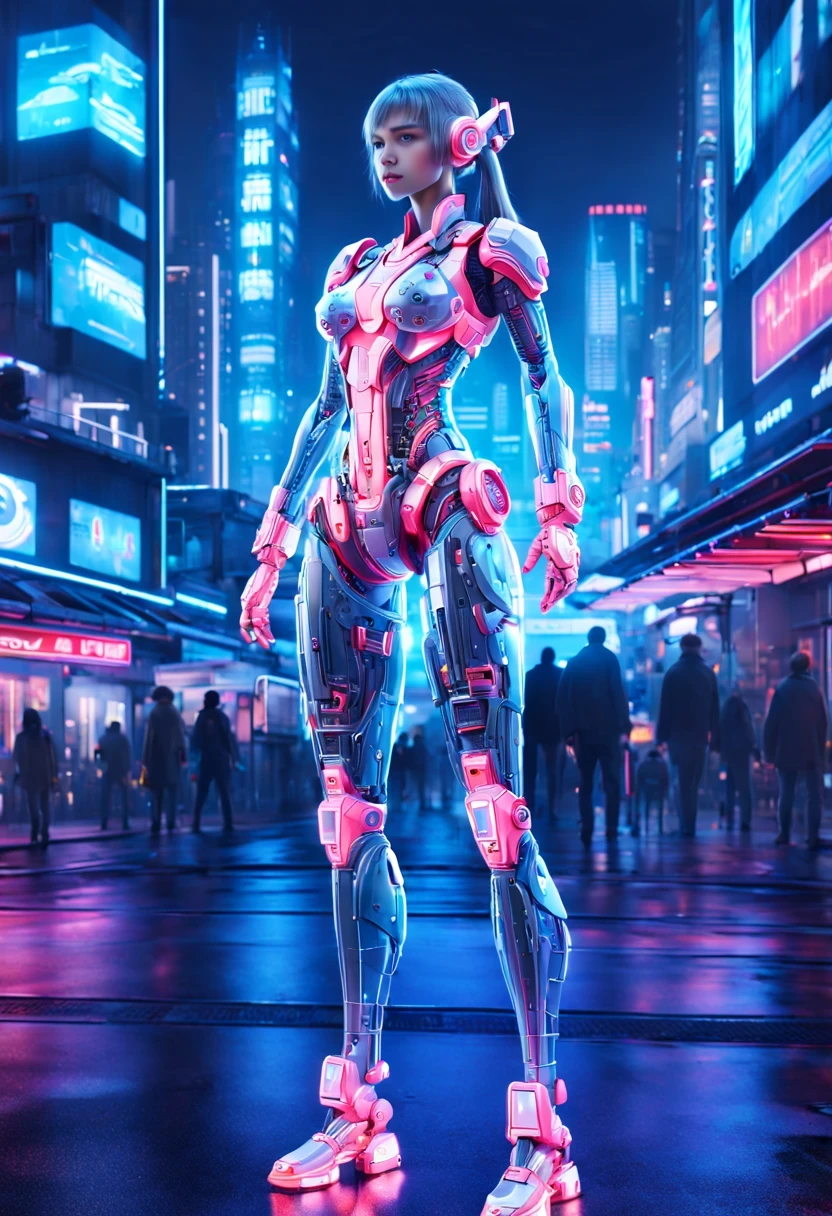 Mecha girl，Future machinery stands in front of the earth,whole body, In the context of the city of the future, The combination of biology and machinery, Transparent mechanical girl, The internal structure is complex and precise, glowing neon lights,(high detail, masterpiece, best quality, ultra high definition, Sharpen details)