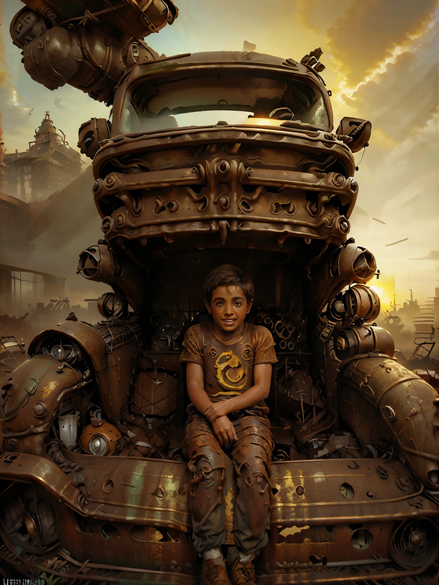 (Mejor calidad, HDR, ultra detallado, hiperrealista:1.37), ((A boy is sitting in the abandoned car all rusty:1.5))., post apocalyptic, ciudad abandonada 3D, edificios destruidos escombros por todos lados, Cementerio de coches , maquinarias, Coches abandonados, vegetation next to buildings, abandoned vehicles scattered and piled up, atardecer ,espectacular puesta de sol. luces y sombras, 32k