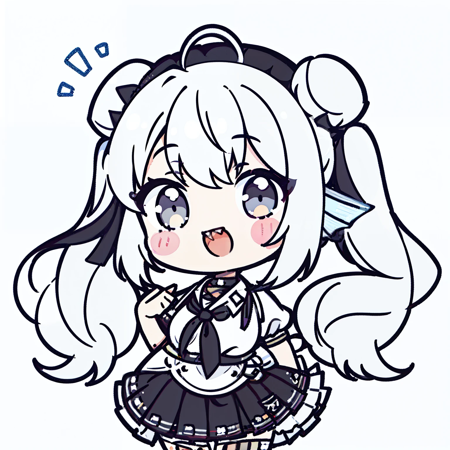 (1girl,20 years old),solo,(white background,line drawing,long hair, white hair,fish ears,smile,smile,upper body,twintails,open mouth,from front,((white shirt,black standart tie,short sleeves,black skirt)),chibi
