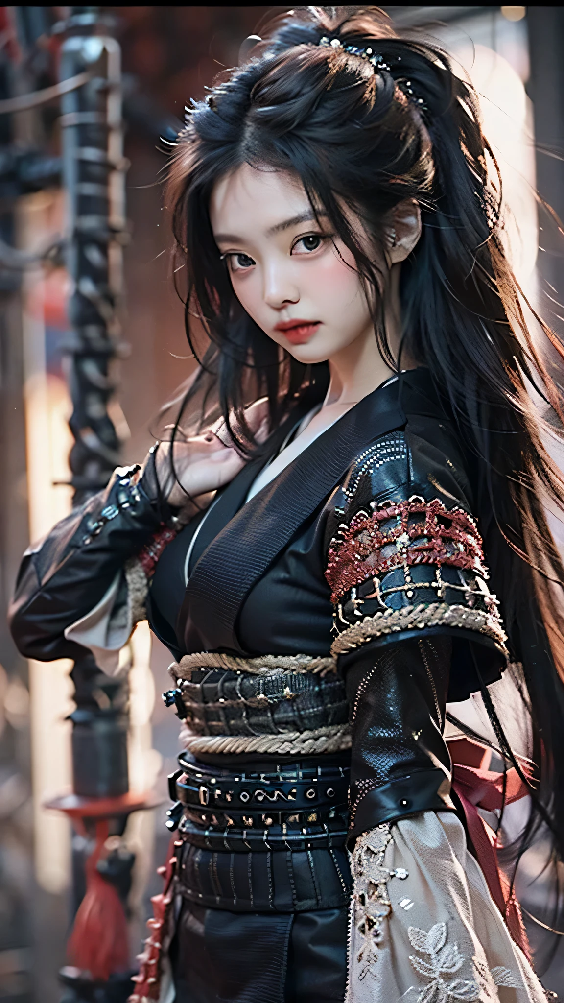 ((Best quality)), ((masterpiece)), (highly detailed:1.3), 3D, beautiful, samurai woman with long black hair, black clothes looking at camera, 8K, realistic, ultra masterpiece