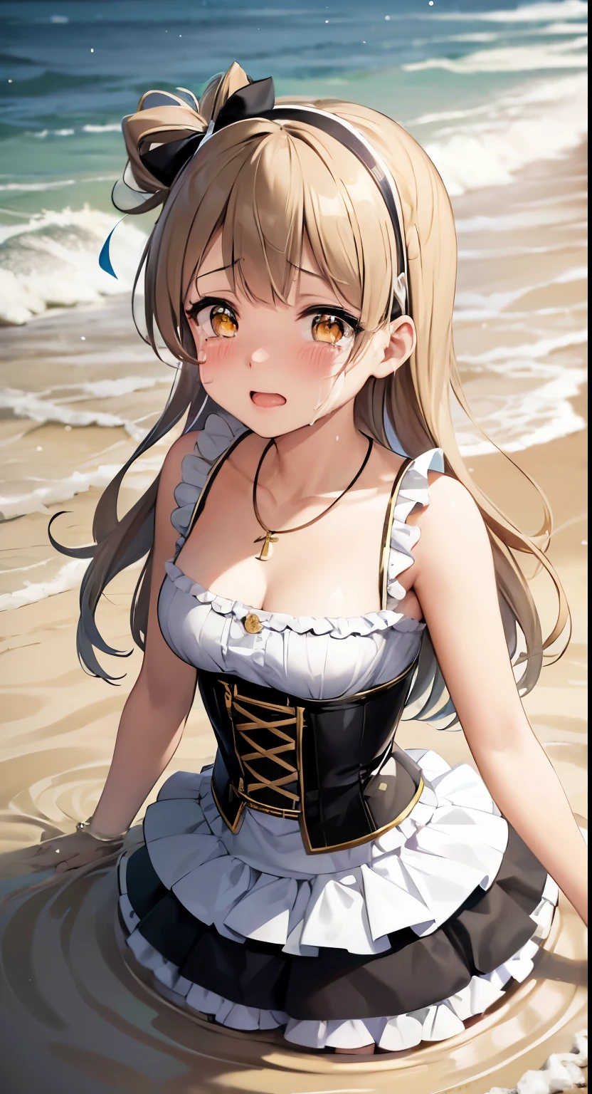 Minami Kotori, One side up, Hair Ribbon, masterpiece, top quality, high resolution, unity 8k wall paper, illustration, detailed eyes, extra detailed face, Highly detailed CG, glossy lips, fill lips, light makeup, scared, fear, (tears, crying), necklace, (quicksand:1.3), beach, corset