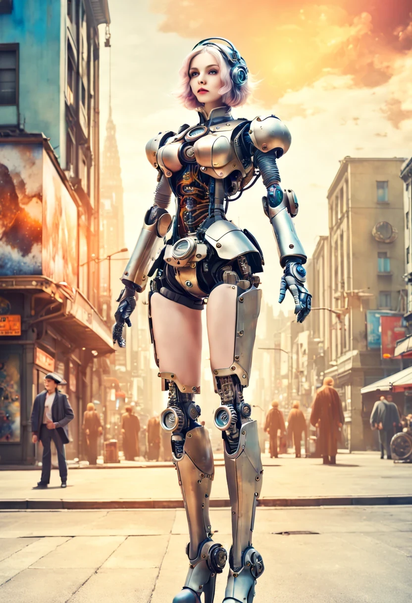 Mecha girl,A mechanical doll stands in front of a planet painting, Retro city background,perfect mechanical body, interconnected human life forms, Panorama of mechanical female doll,Victoria steampunk, endless dreams, stardust, galaxy,