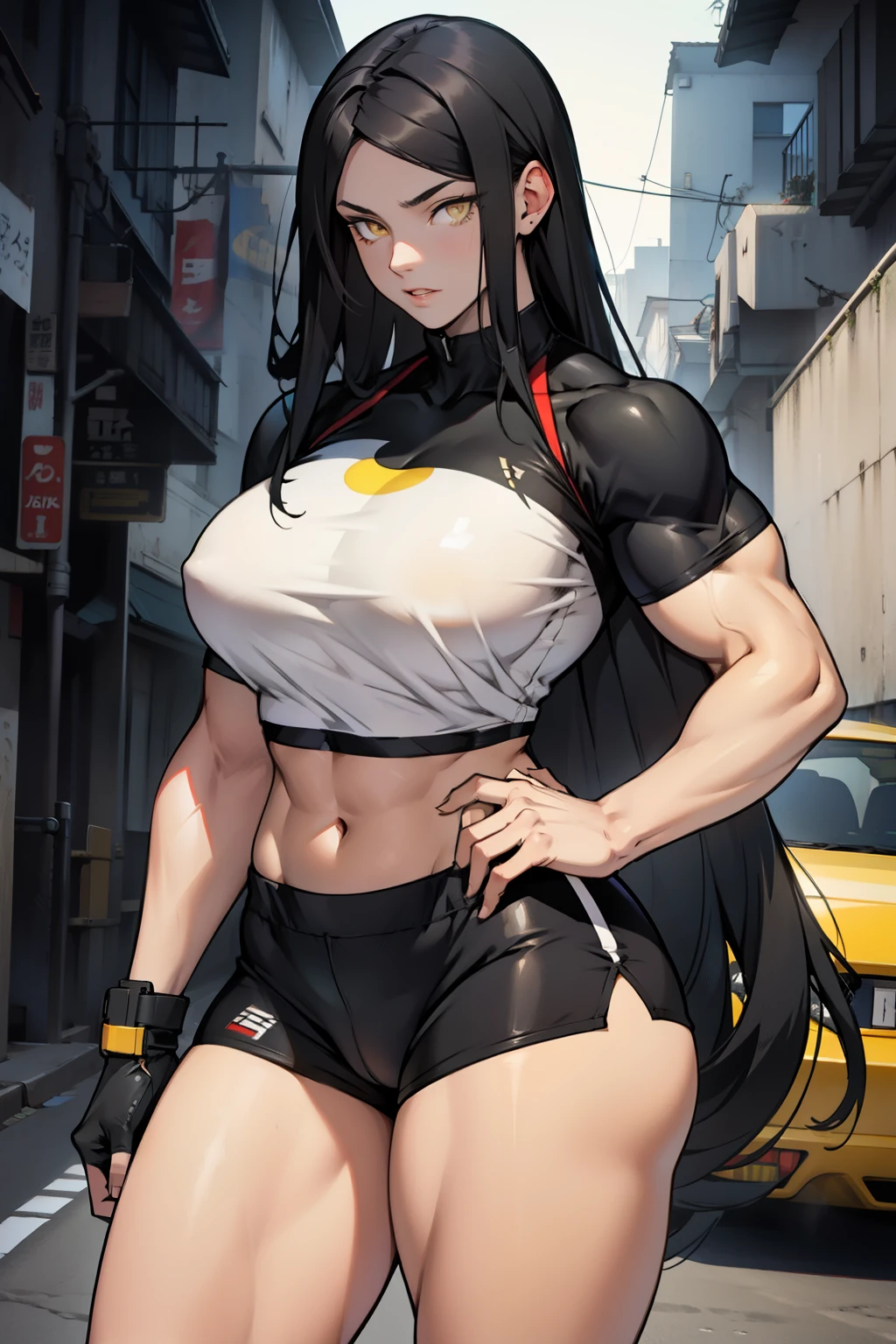 extremely long hair yellow eyes black hair pale skin muscles girl huge breasts midriff muscular thick