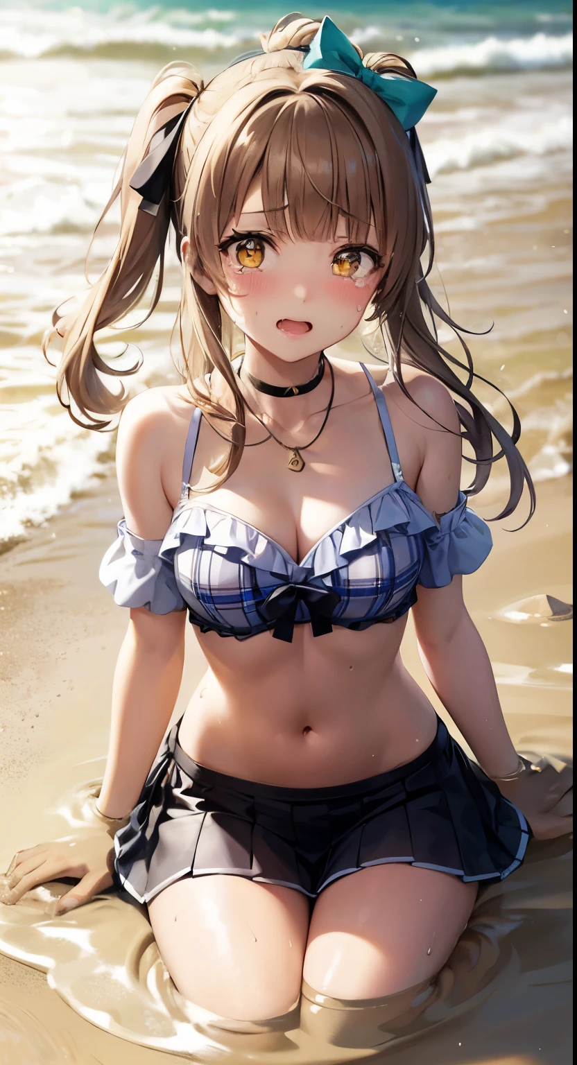 Minami Kotori, One side up, Hair Ribbon, masterpiece, top quality, high resolution, unity 8k wall paper, illustration, detailed eyes, extra detailed face, Highly detailed CG, glossy lips, fill lips, light makeup, scared, fear, (tears, crying), necklace, (quicksand:1.4), beach, cleavage