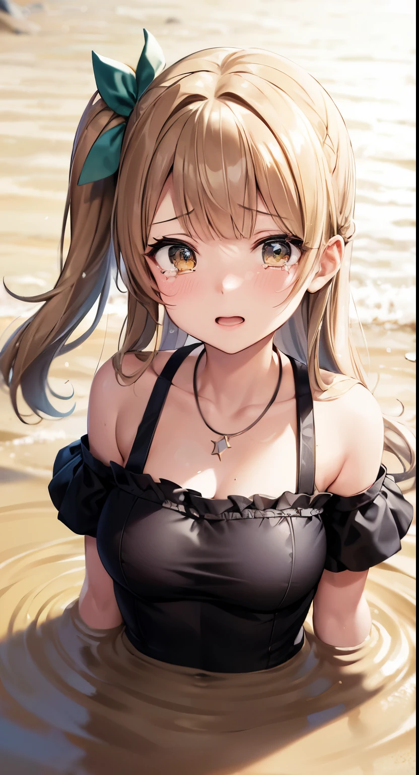 Minami Kotori, One side up, Hair Ribbon, masterpiece, top quality, high resolution, unity 8k wall paper, illustration, detailed eyes, extra detailed face, Highly detailed CG, glossy lips, fill lips, light makeup, scared, fear, (tears, crying), necklace, (quicksand:1.4), beach, cleavage