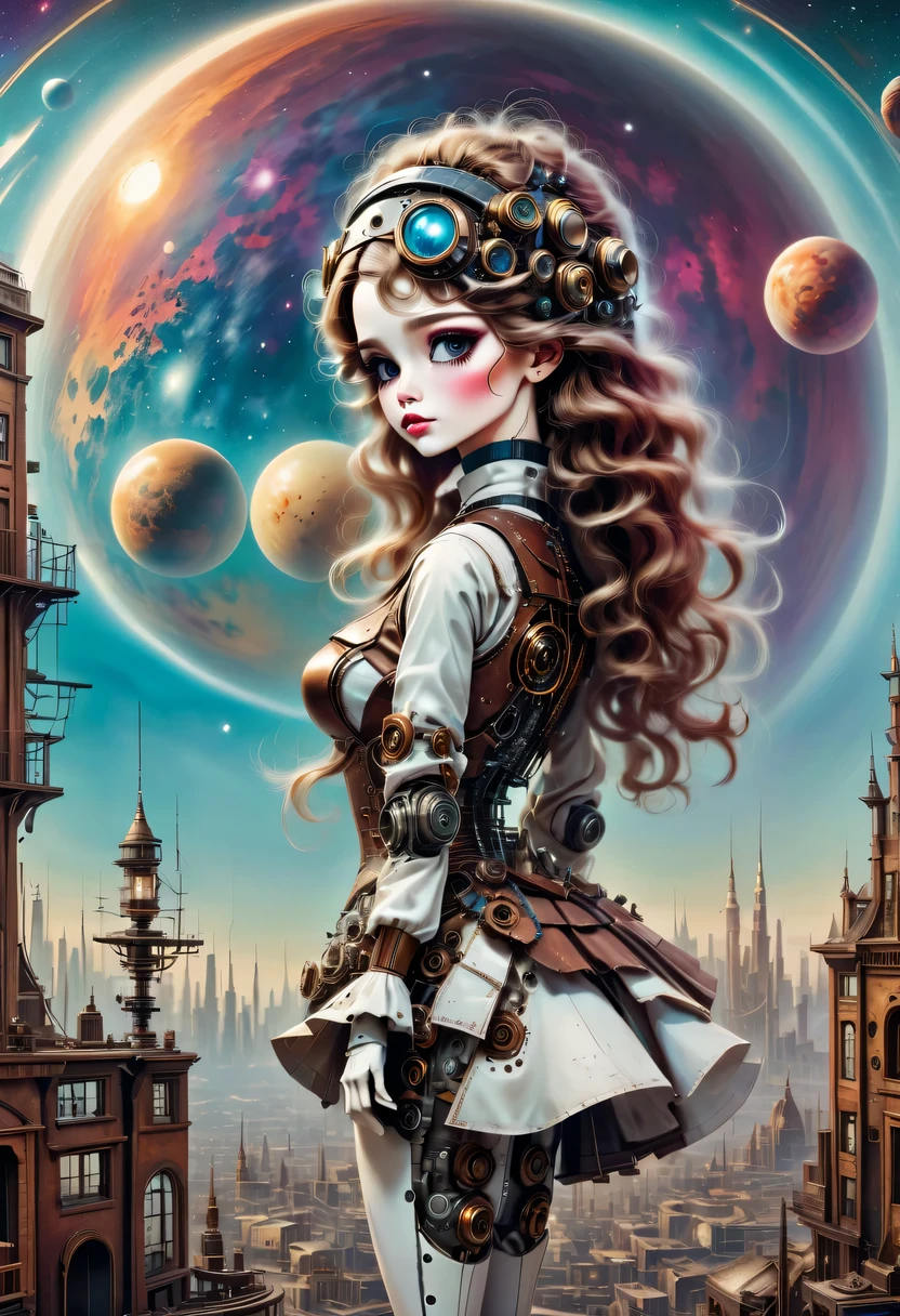 There&#39;A mechanical doll stands in front of a planet painting, Retro city background,perfect mechanical body, interconnected human life forms, Panorama of mechanical female doll,Victoria steampunk， endless dreams, stardust, galaxy, 