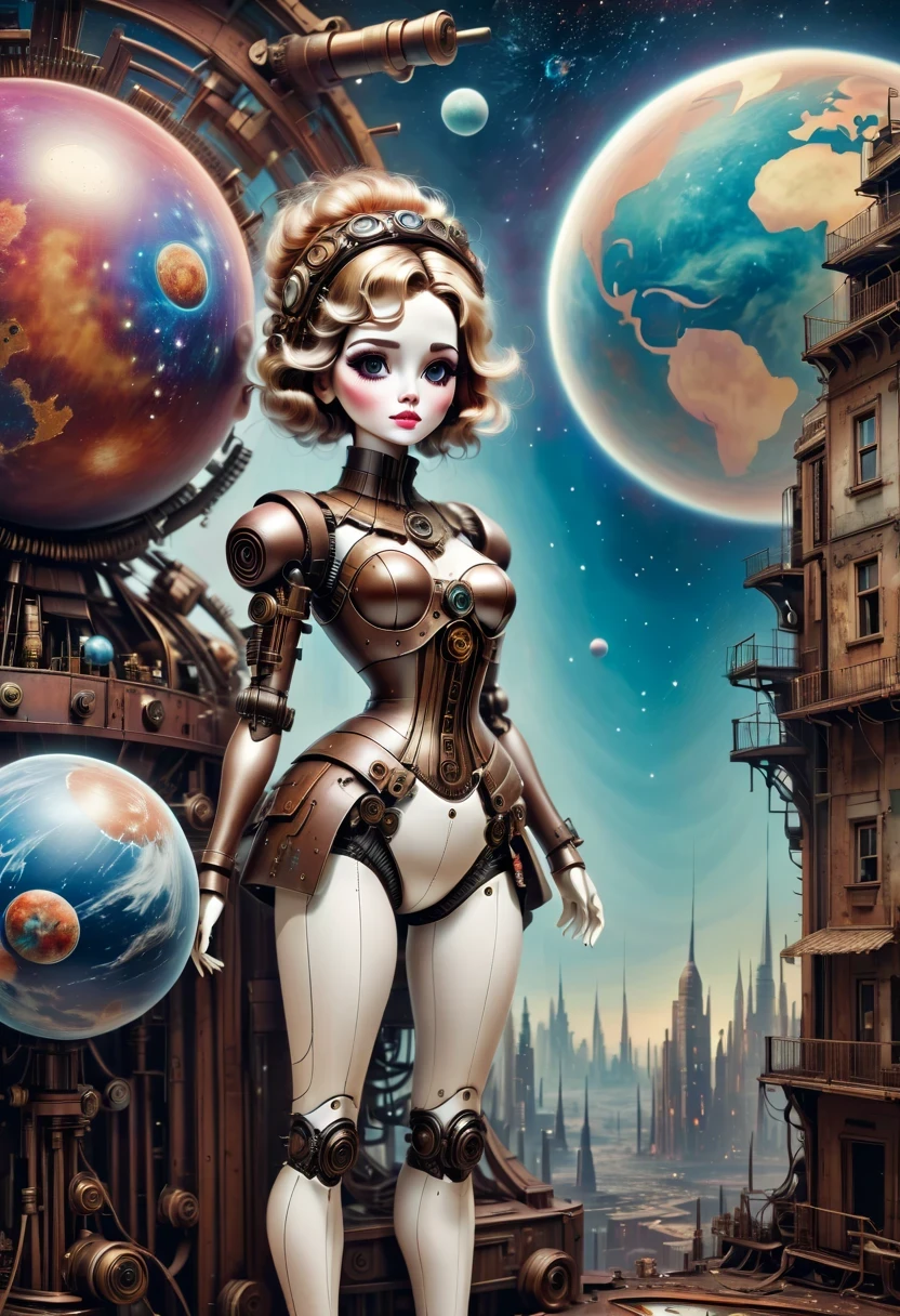 There'A mechanical doll stands in front of a planet painting, Retro city background,perfect mechanical body, interconnected human life forms, Panorama of mechanical female doll,Victoria steampunk, endless dreams, stardust, galaxy,