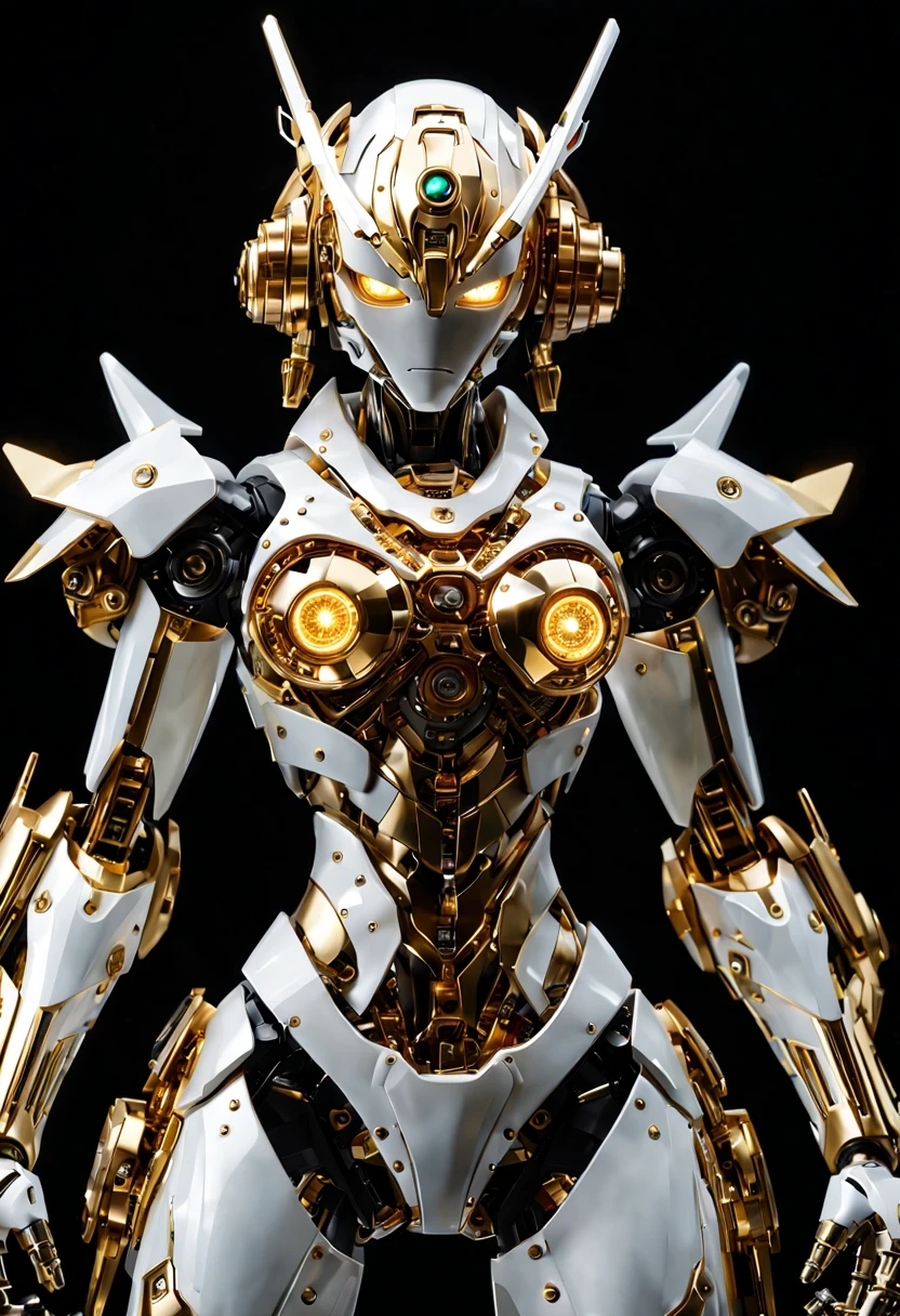 (full-body shot:1.5), (full view:1.5), Pure black background, There is a white and gold transparent girl mecha standing on the ground.,Get into fighting stance,Exquisite white transparent glass mechanical armor, Metal mechanical mask, Precision luminous electronic eye,(Exquisite mechanical high heels:1.3),(The internal structure is complex and precise:1.2), Exquisite and complex golden mecha texture, (gold mechanical wire:1.2), (Well-designed, high detail, masterpiece, best quality, ultra high definition, Sharpen details, ,Metallic feeling),New Jersey RS