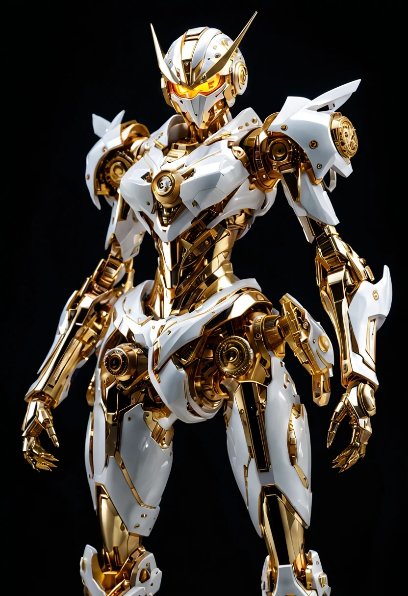 (full-body shot:1.5), (full view:1.5), Pure black background, There is a white and gold transparent girl mecha standing on the ground.，Get into fighting stance,Exquisite white transparent glass mechanical armor, Metal mechanical mask, Precision luminous electronic eye,（Exquisite mechanical high heels:1.3),(The internal structure is complex and precise:1.2), Exquisite and complex golden mecha texture, (gold mechanical wire:1.2), (Well-designed, high detail, masterpiece, best quality, ultra high definition, Sharpen details, ,Metallic feeling),New Jersey RS