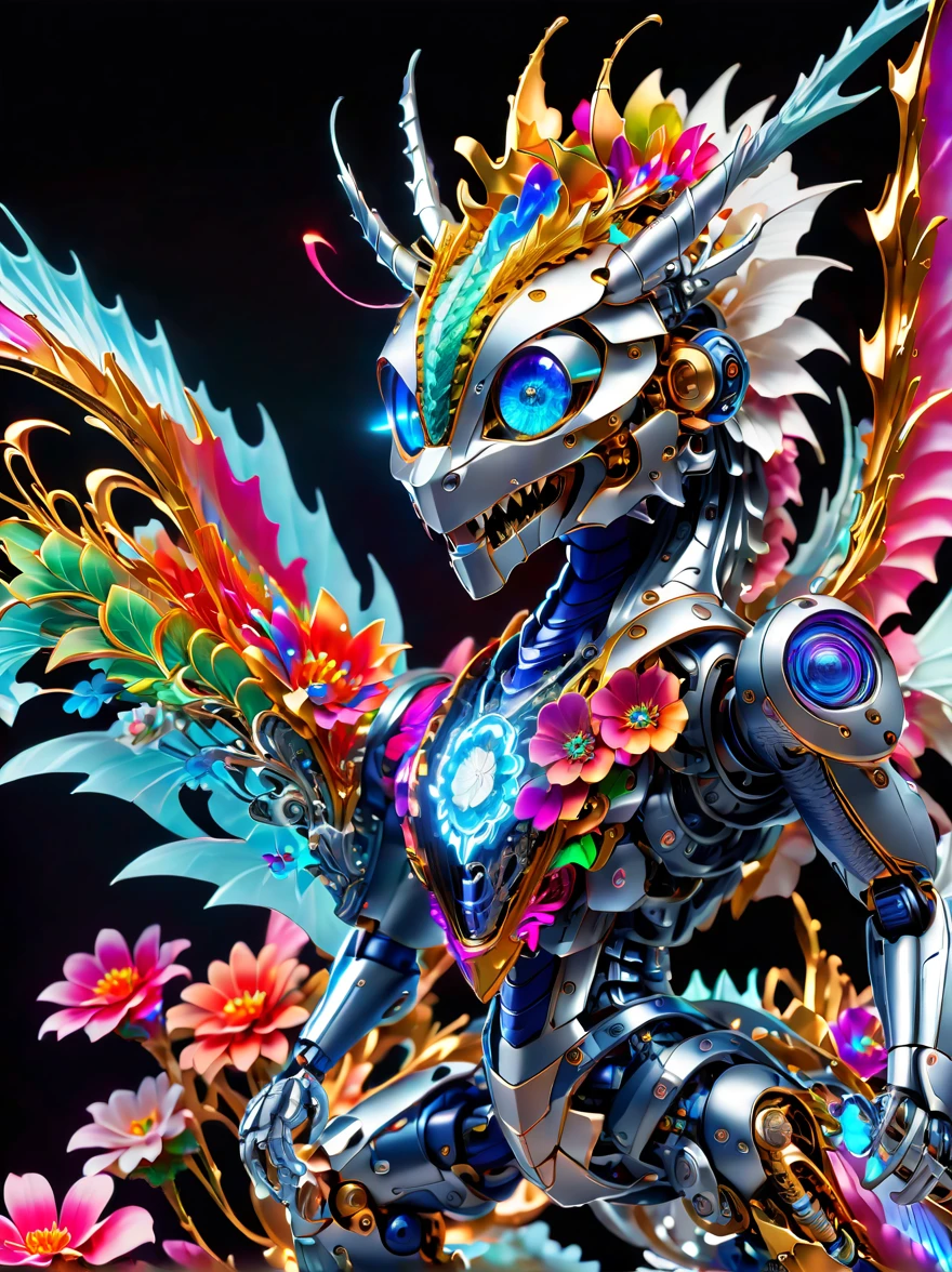 (three-dimensional,Mechanical feel,cute,1 small dragon doll,Mechanical doll: 1.3), ((solo)), Colorful neon lights, High-tech mechanical parts, Metal body, Detailed vibranium flower design, bright colors, Dynamic glowing flowers, Reflective metal surface, bright environment, dynamic poses, Exquisite presence, skill improved, interlocking mechanical gears, Stylish design, motion blur effect, Detailed metal processing, Sci-fi atmosphere, Streamlined aerodynamic shape, Laser scanning pattern, Holographic projection, LED light track, beautiful and unforgettable, Advanced sensors, complex algorithm, Ominous and mysterious atmosphere, electric spark, Shiny chrome plating, Propulsion systems of the future, BJ_Gundam, (best quality, 8k, high resolution, masterpiece: 1.2), Super detailed, (whole body:1.8)