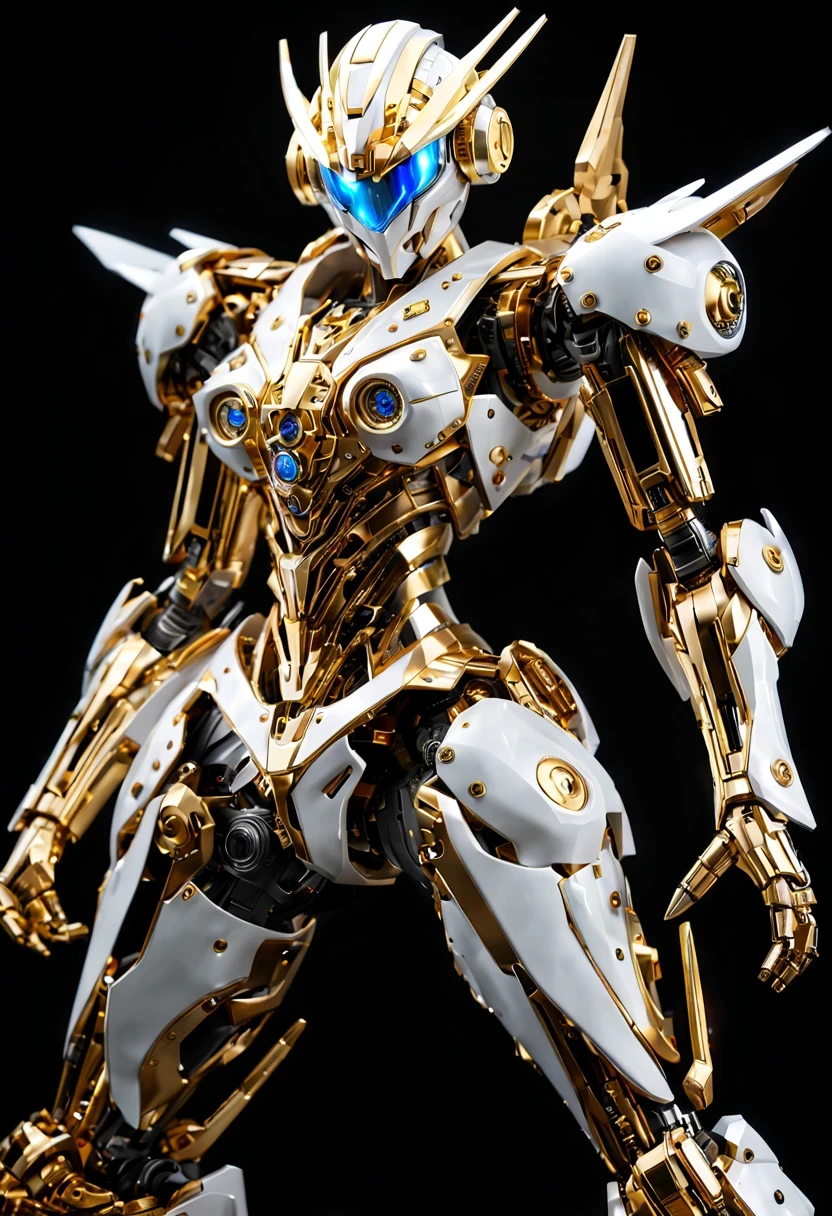 (full-body shot:1.5), (full view:1.5), Pure black background, There is a white and gold transparent girl mecha standing on the ground.，Get into fighting stance,Exquisite white transparent glass mechanical armor, Metal mechanical mask, Precision luminous electronic eye,（Exquisite mechanical high heels:1.3),(The internal structure is complex and precise:1.2), Exquisite and complex golden mecha texture, (gold mechanical wire:1.2), (Well-designed, high detail, masterpiece, best quality, ultra high definition, Sharpen details, ,Metallic feeling),New Jersey RS