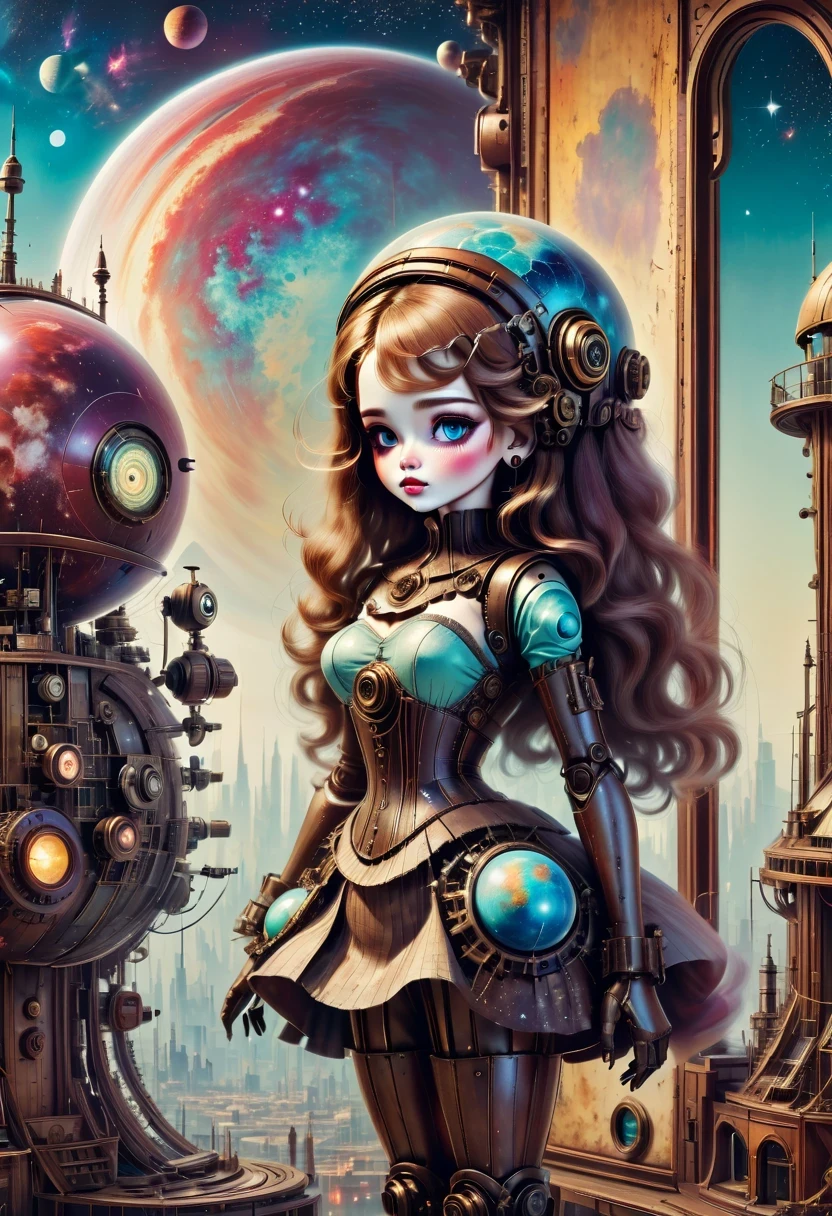 There'A mechanical doll stands in front of a planet painting, Retro city background, psychological artwork, interconnected human life forms, Panorama of mechanical female doll,Victoria steampunk, endless dreams, stardust, galaxy,