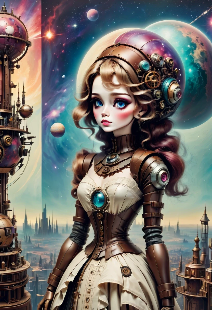 There'A mechanical doll stands in front of a planet painting, Retro city background, psychological artwork, interconnected human life forms, Panorama of mechanical female doll,Victoria steampunk, endless dreams, stardust, galaxy,